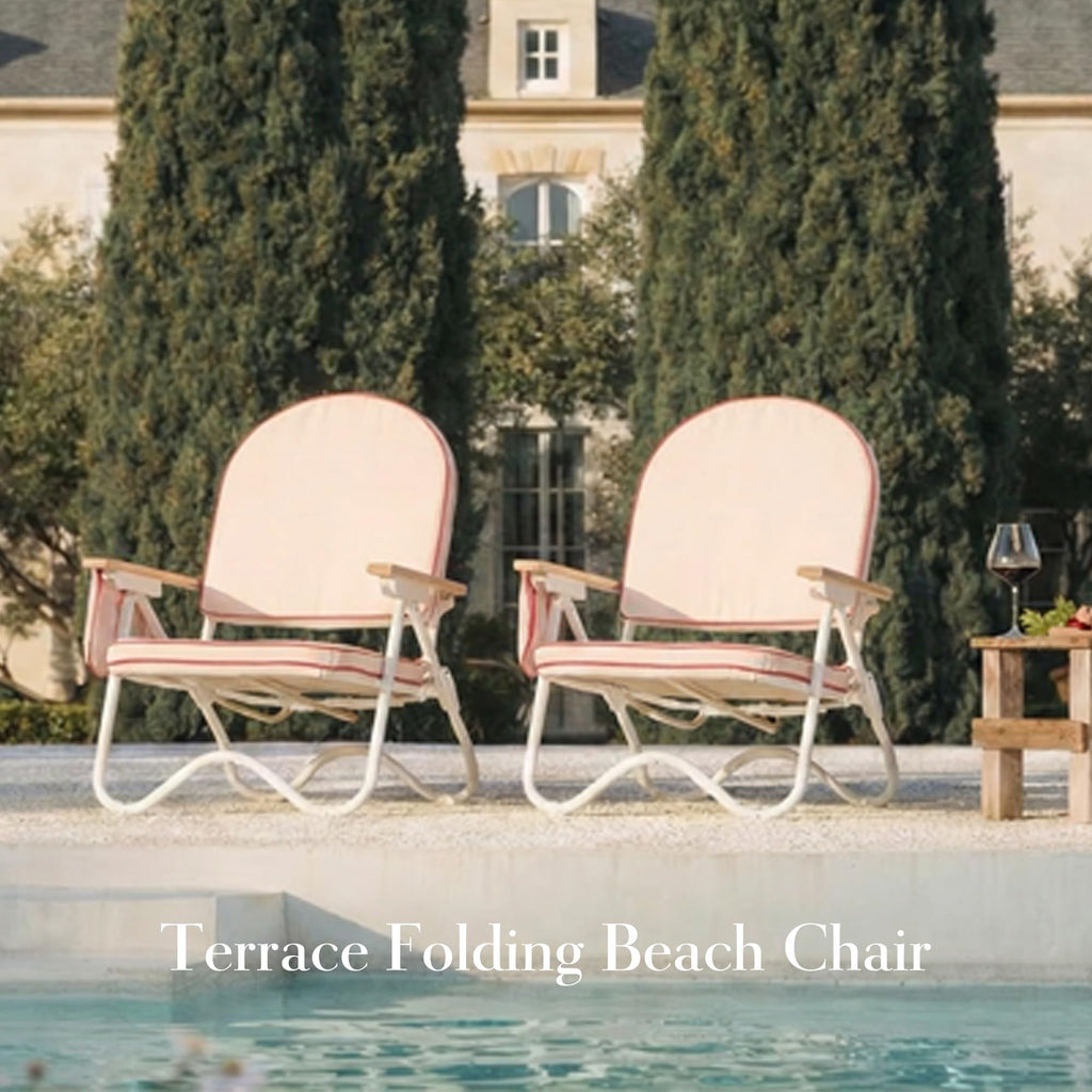 Padded Low Beach Chair, 4-Position Folding Outdoor Chair with Wooden Armrests, Cushioned Seat, Storage Pouch & Carry Strap for Beach, Patio and Lawn, Cala Serena Ochre Stripe