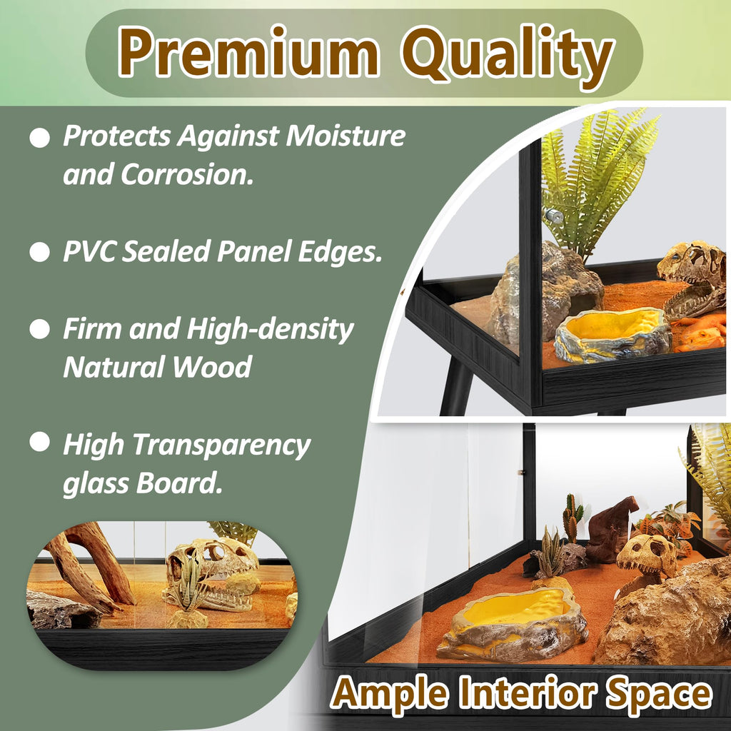 PROLEE Reptile Enclosure with Leg, 35 Gallons Bearded Dragon Tank, Tempered Glass Lizard Tank with Metal Mesh Tops and Lockable Door, Spacious Reptile Habitat for Snake,Lizard (Oak)