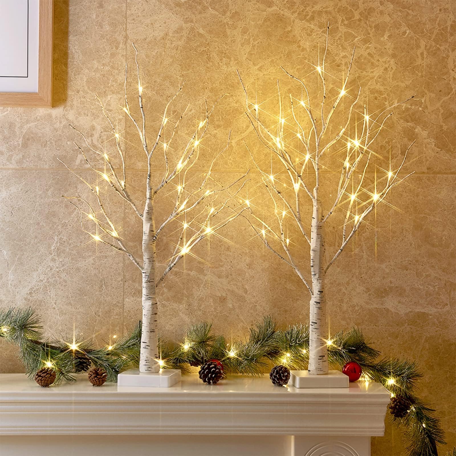 PEIDUO Home Decor, 2FT Birch Tree with LED Lights, Warm White Light up Tree Lamp, Artificial Trees for Home Table Inside, Battery Powered, Timer (2PK)
