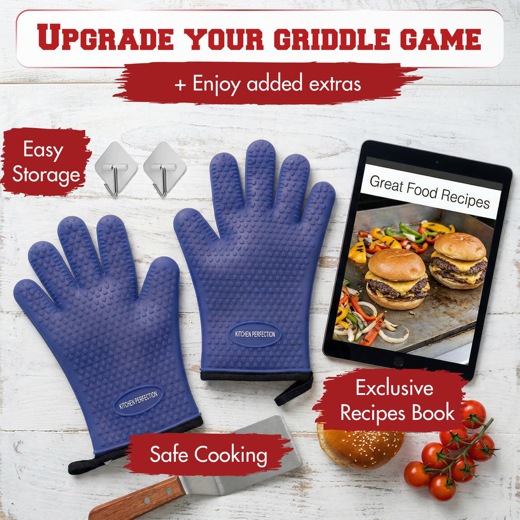 KITCHEN PERFECTION Silicone Oven & Griddle Gloves -Extreme Heat Resistant BBQ & Grilling Gloves -Handle Hot Food Right on Your Griddle |Waterproof Oven Mitts Grill Gloves |Superior Set+3 Bonuses
