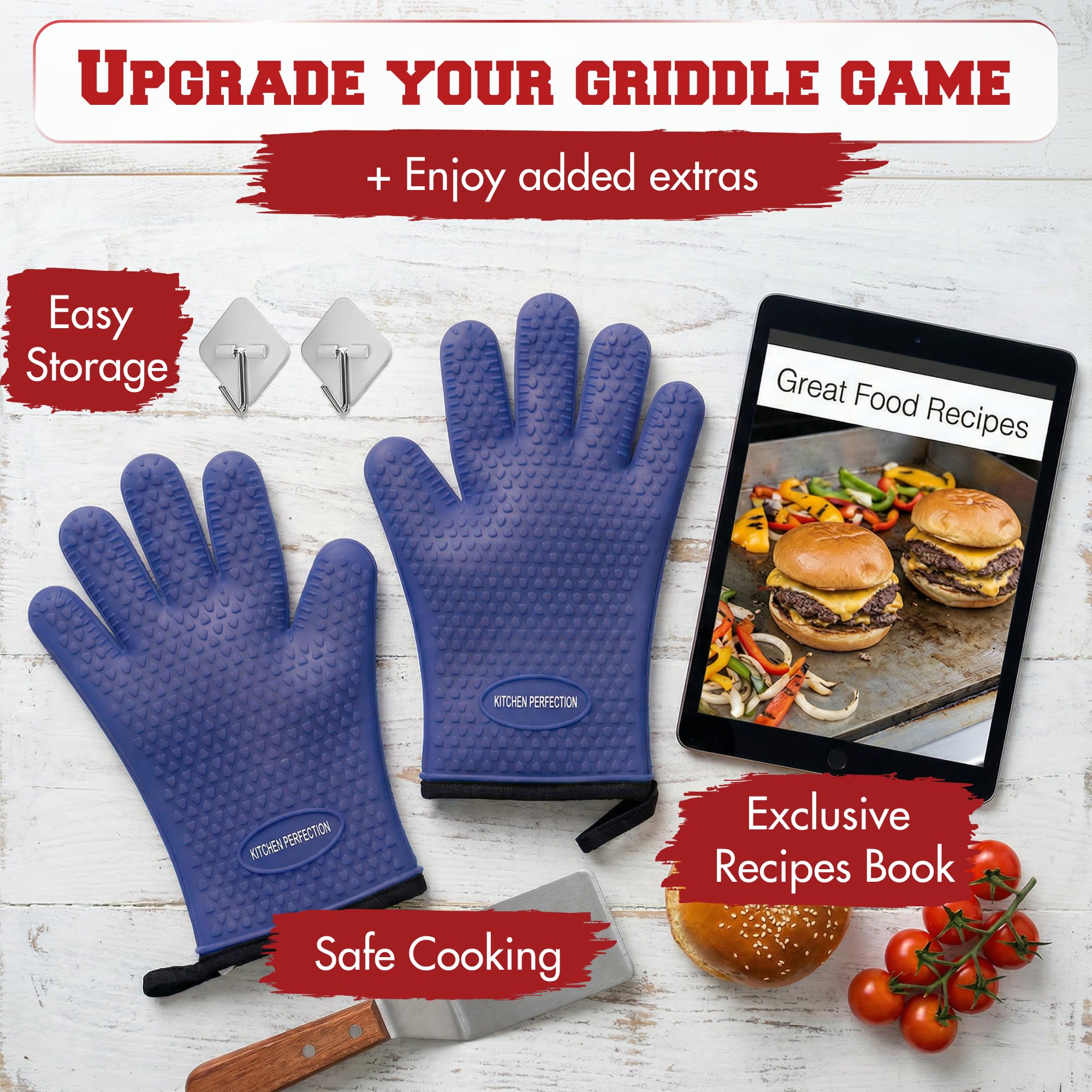 KITCHEN PERFECTION Silicone Oven & Griddle Gloves -Extreme Heat Resistant BBQ & Grilling Gloves -Handle Hot Food Right on Your Griddle |Waterproof Oven Mitts Grill Gloves |Superior Set+3 Bonuses