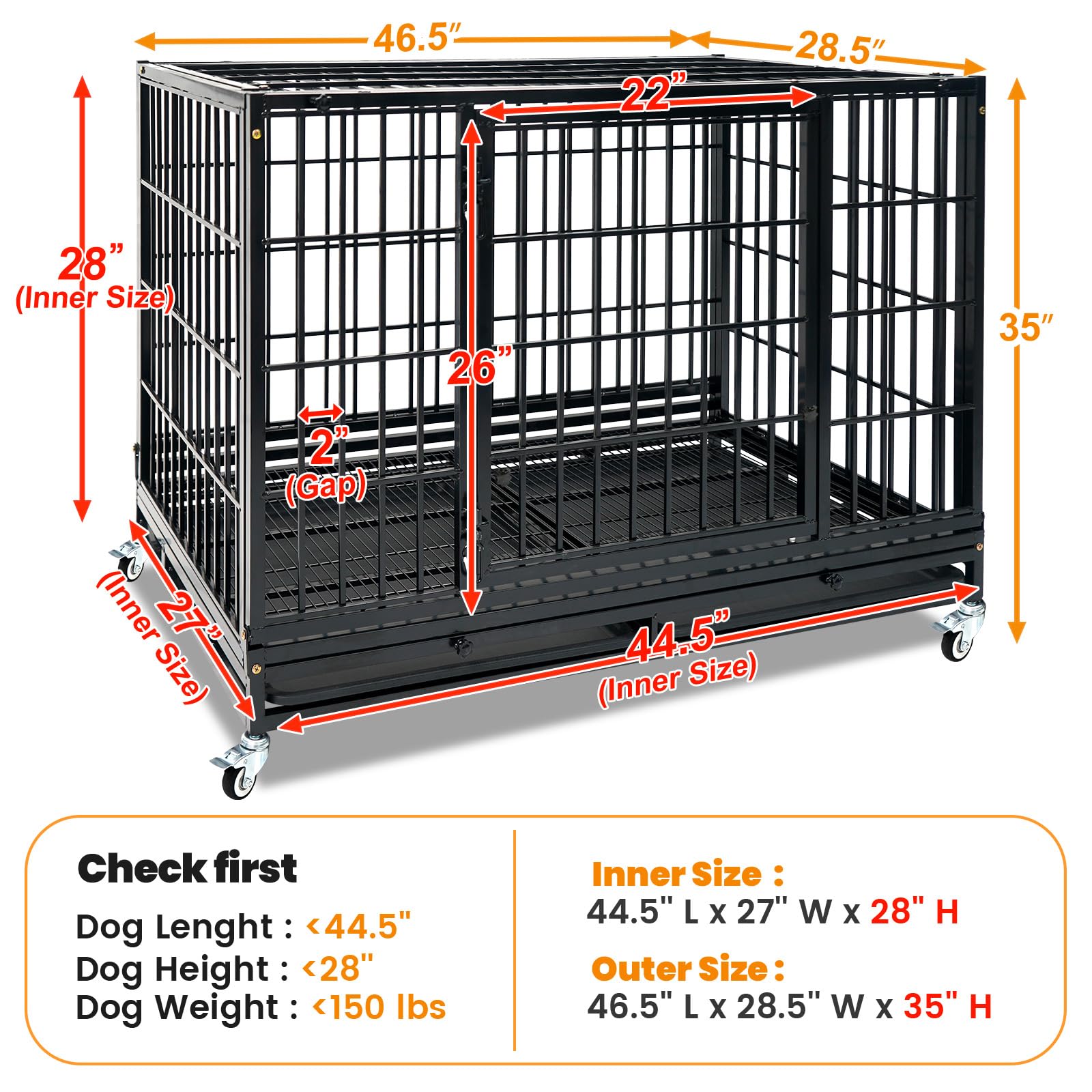 Homey Pet 37 Inch Heavy Duty Dog Crate for Medium Dogs, Stackable Dog Cage with Four Lockable Wheels, Removable Tray & Grid, Open Top, Escape Proof Dog Kennel Indoor