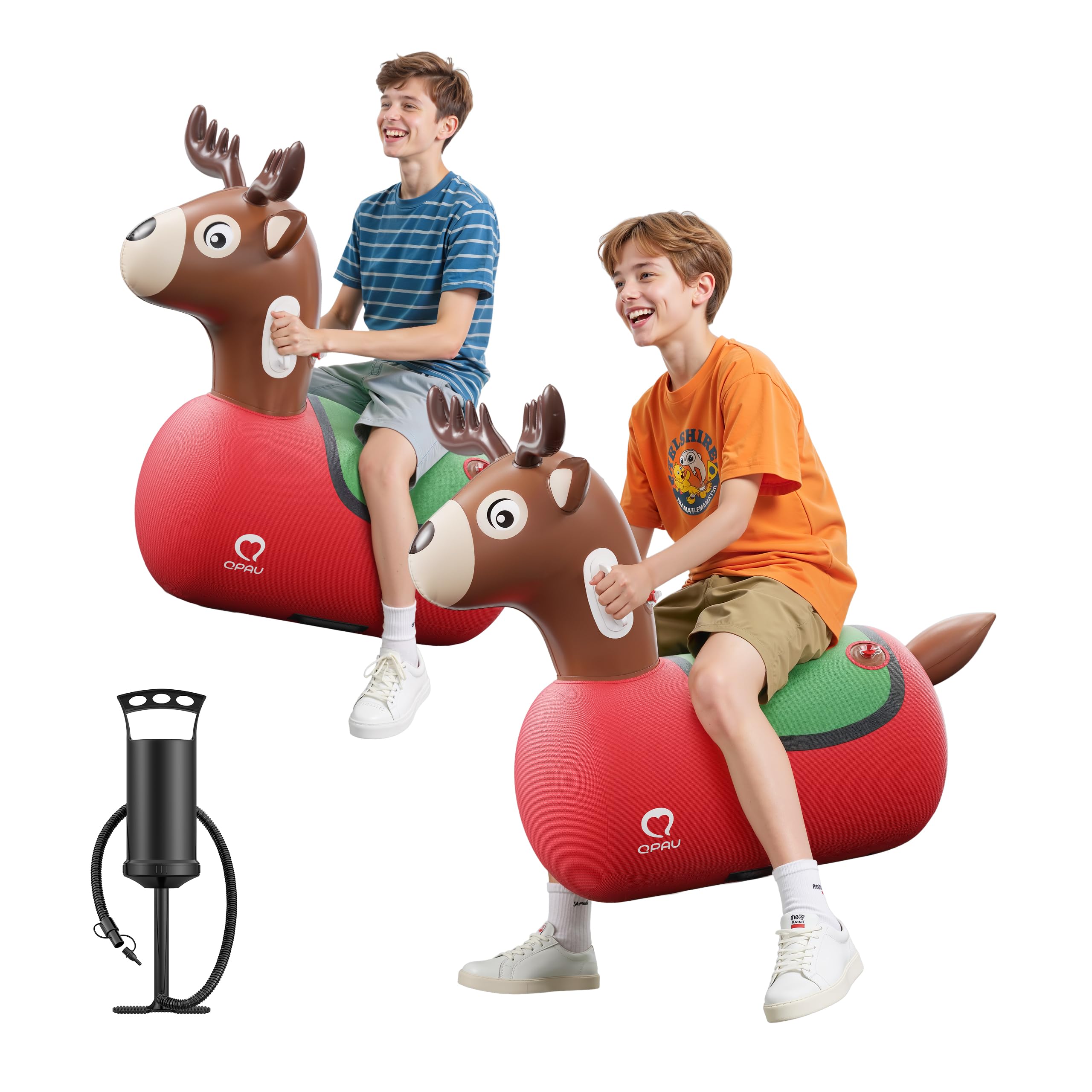 QPAU Inflatable Bouncy Dinosaur Toys 2 PCS with Hand Pump, Heavy Duty Giant Bouncy Pal, 220lbs Load Capacity, Ride On Bouncy Animal Hopper Toy, Indoor Outdoor Bouncers for Kids Girls Boys Ages 5+