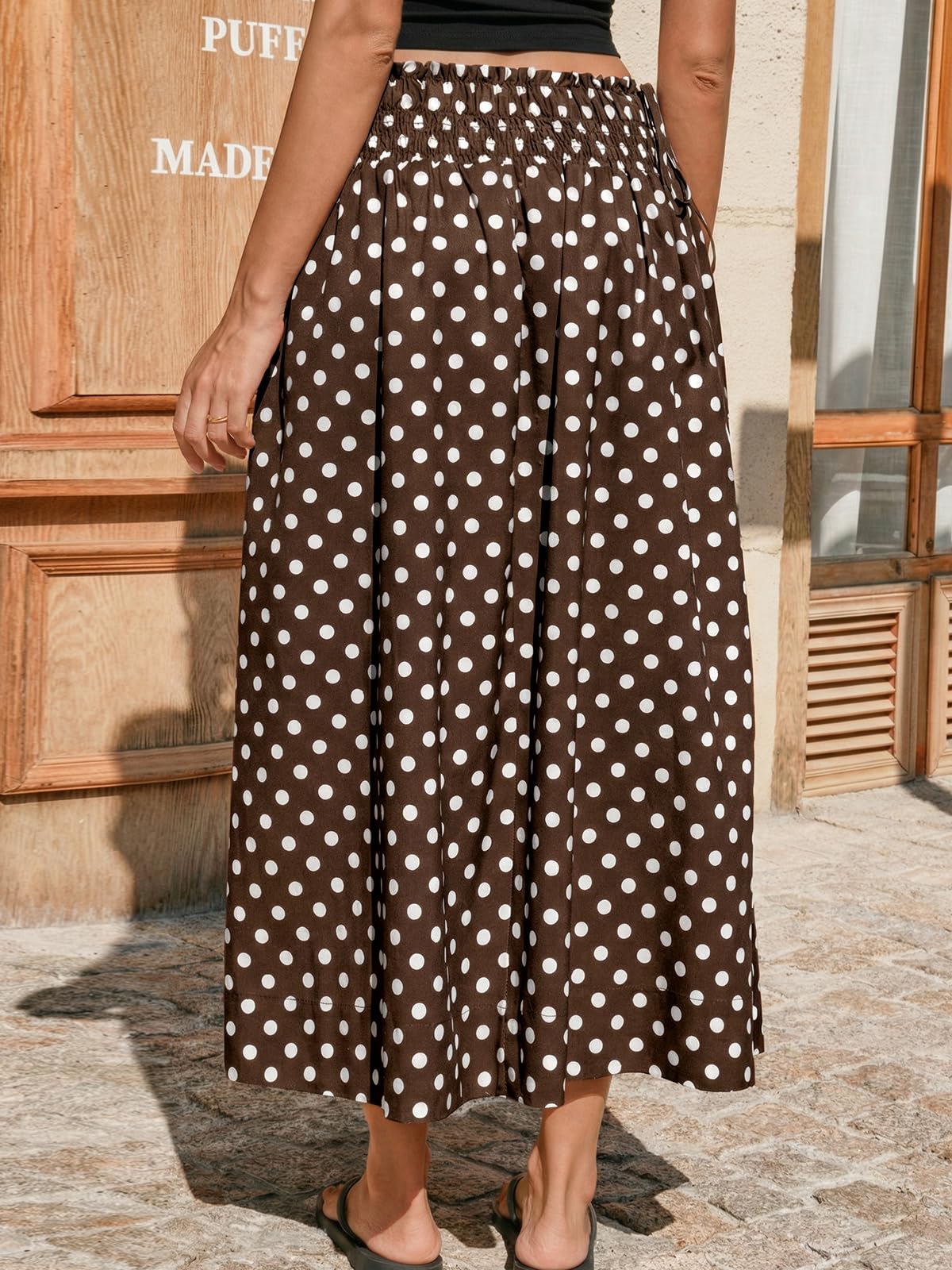 Tankaneo Womens Polka Dot Maxi Skirts Boho Smocked High Waisted Tie Skirt Casual Beach Vacation Dress