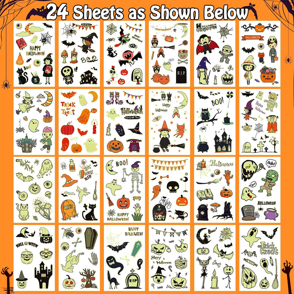 Partywind 250 Styles Glow Halloween Party Supplies, Luminous Halloween Temporary Tattoos for Kids Birthday Party Decorations Favors, Halloween Goodie Bag Fillers (24 Sheets)