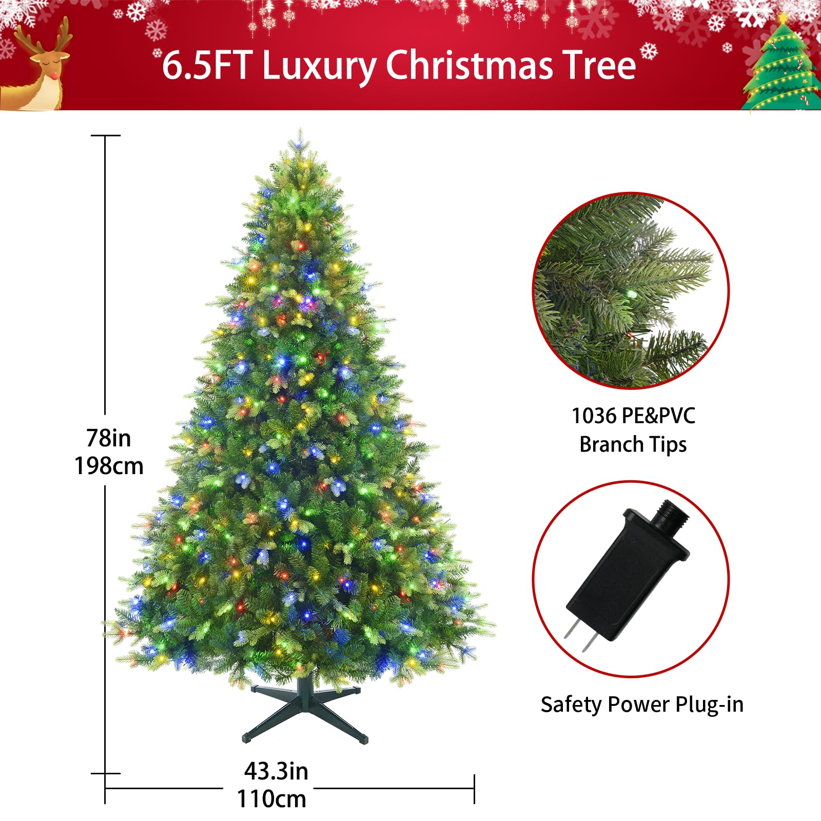 Pre-Lit Rotating Christmas Tree, 6.5FT Artificial for Home Decor | With Music,340 Warm White & Multi-color LED Lights,1036 PE+PVC Tip,Remote Control,Rotating Stand,8 Modes,Timed Design