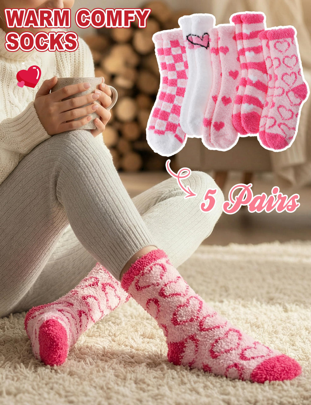 Womens Fuzzy Socks Warm Fluffy Cozy Winter Slipper Thick Fleece Heart Socks 5 Pairs