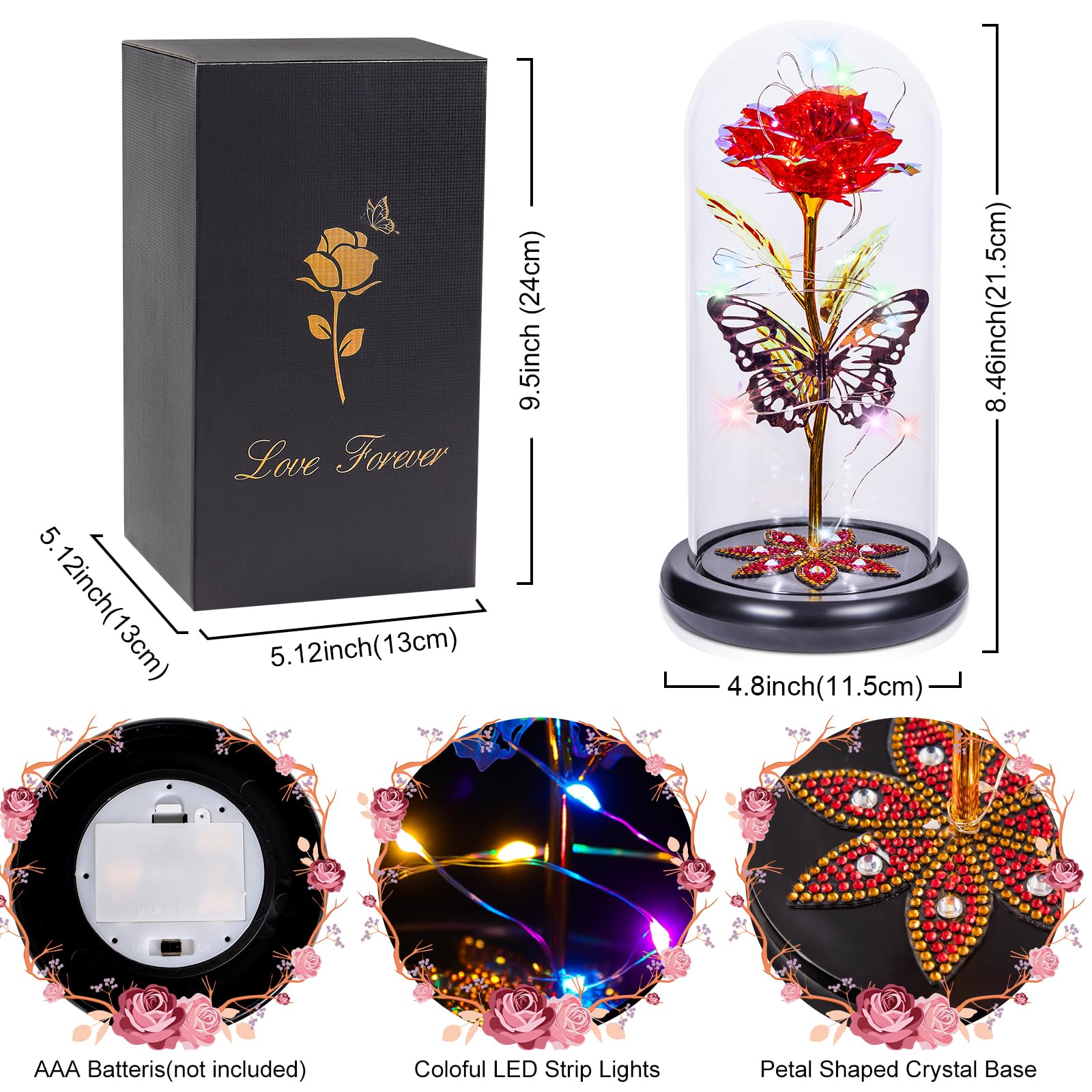 Pusuny Mothers Day Flowers Gifts for Mom Women Birthday Gift Galaxy Glass Rose Forever Eternal Crystal Flowers Rose in Glass Dome with Butterfly Mother's Day Roses Gifts for Mom Daughter Wife Purple