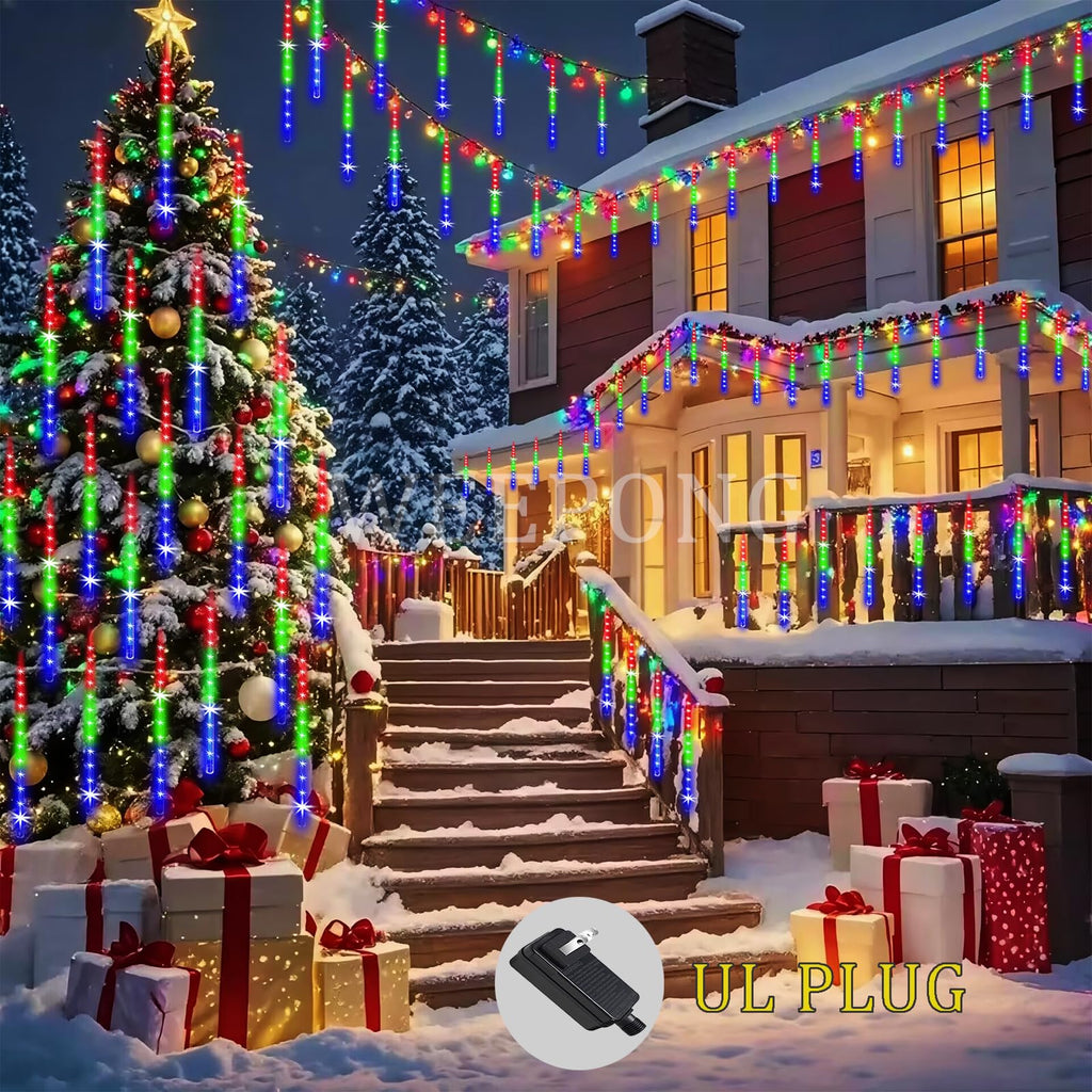 Weepong Halloween Lights Outdoor, Meteor Shower Christmas Lights for Halloween Decorations, 8 Tube 192 LED Snow Falling Rain Icicle String Light for Xmas Christmas Decor Tree Party, UL Plug Green