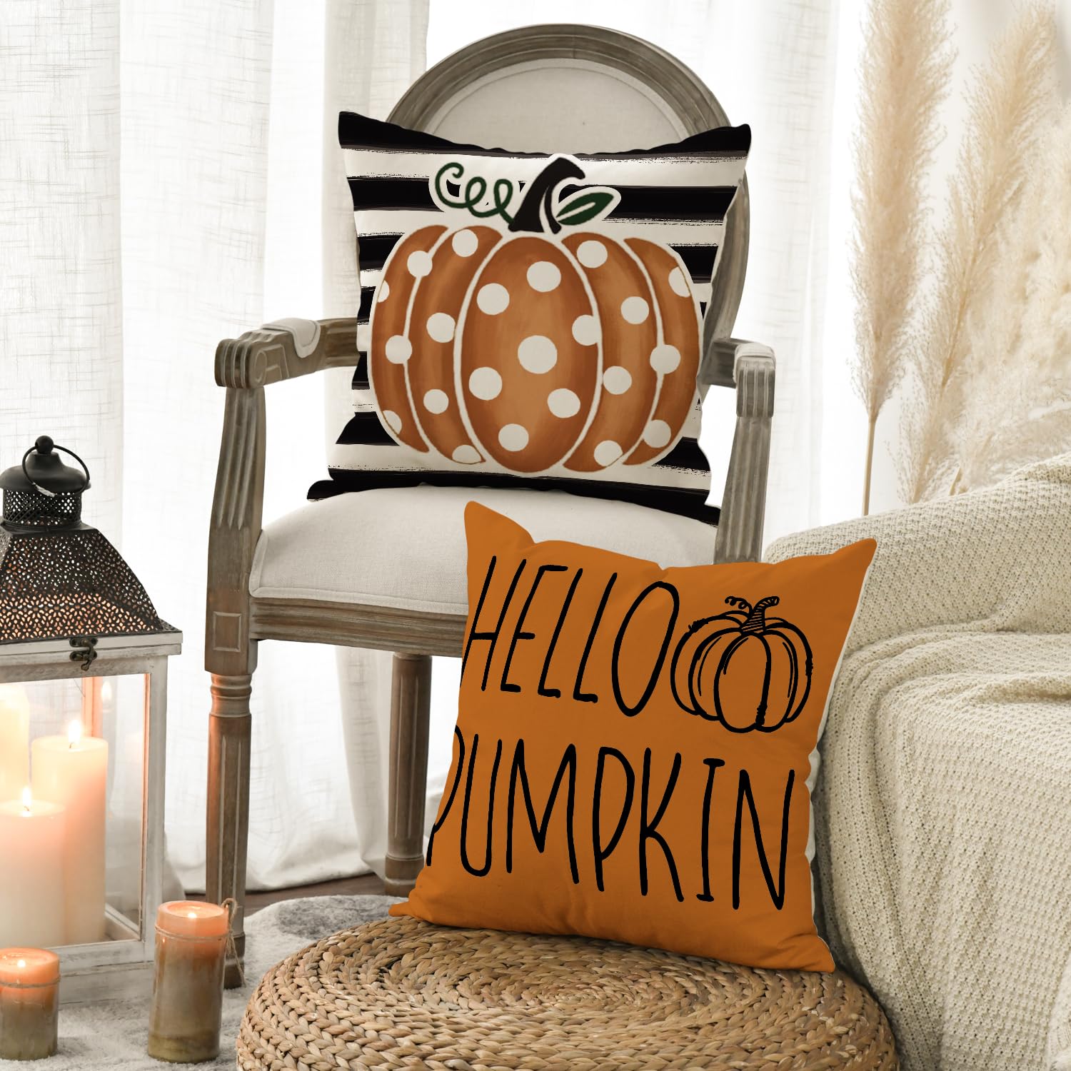 AVOIN colorlife Happy Fall Hello Pumpkin Throw Pillow Covers, 18 x 18 Inch Autumn Thanksgiving Harvest Polka Dot Maple Leaf Decorations for Sofa Couch Set of 4