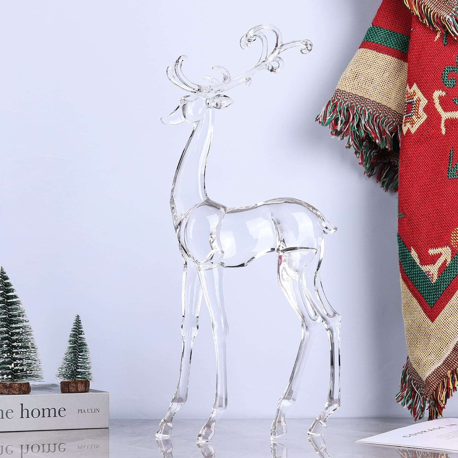 18" Tall Acrylic Christmas Reindeer Figurine - Elegant Clear Large Reindeer Ornaments for Christmas Indoor Decor, Holiday Centerpiece, Living Room, Fireplace, Table Display (Gold Standing Reindeer)