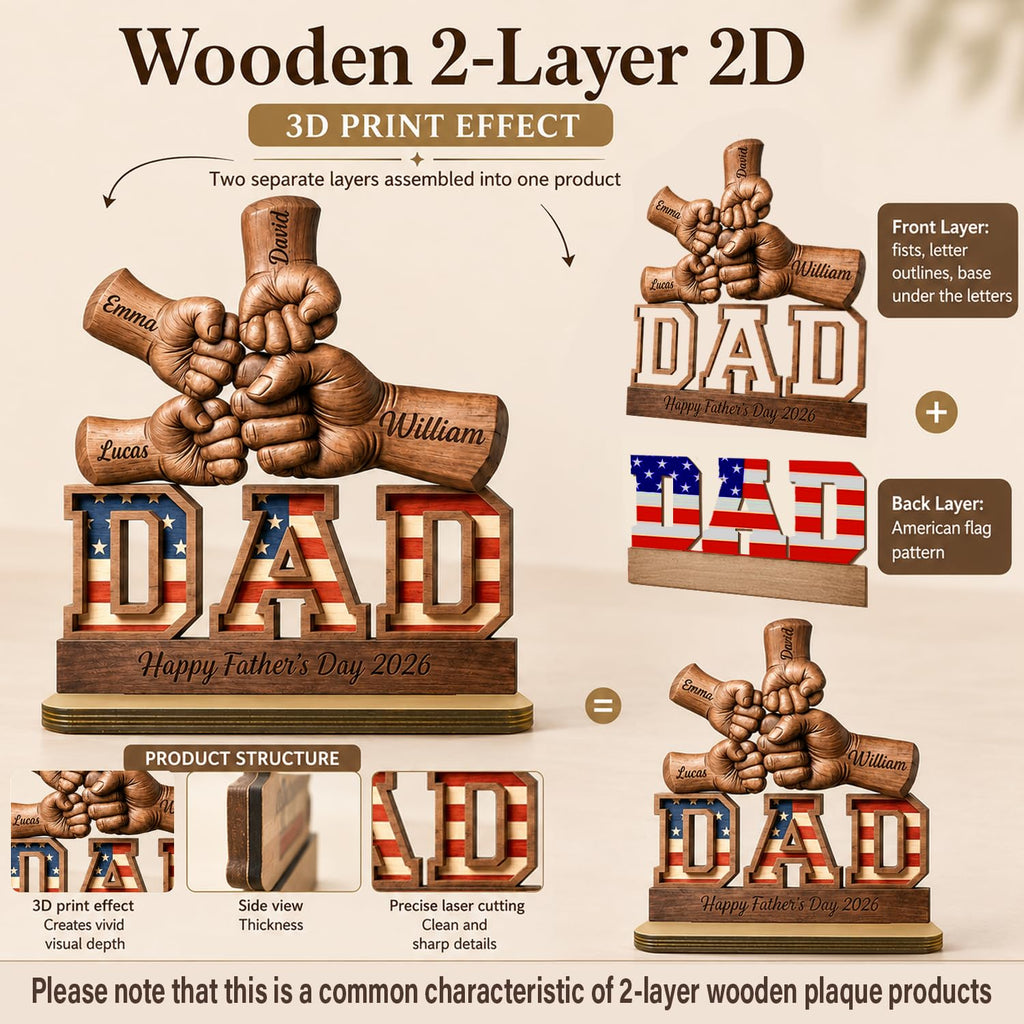 Personalized Fist Bump Dad and Kids Name Wooden Plaque, Custom Fathers Day Plaque for Dad Grandpa, Customized Sign Decorations for Daddy, Grandpa, Heartfelt Father's Day Birthday Gifts for Husband