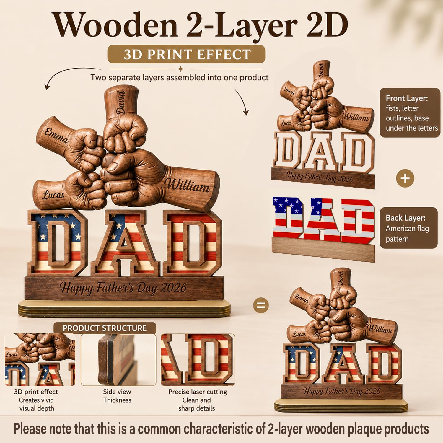 Personalized Fist Bump Dad and Kids Name Wooden Plaque, Custom Fathers Day Plaque for Dad Grandpa, Customized Sign Decorations for Daddy, Grandpa, Heartfelt Father's Day Birthday Gifts for Husband