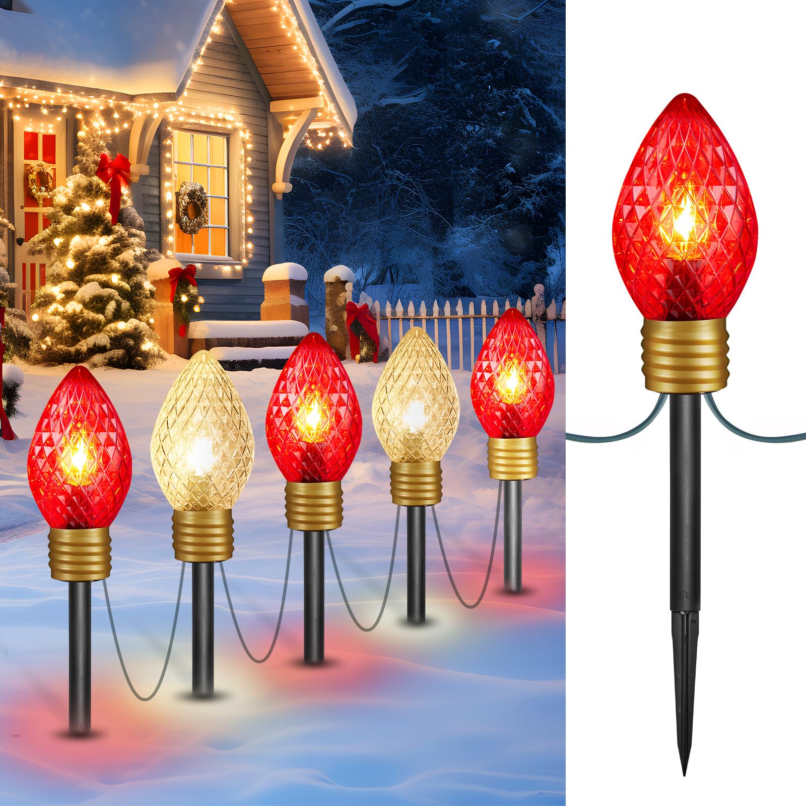 Jumbo C9 Christmas Pathway Lights Outdoor - 8.5 Feet 5 LED C9 Walkway Light, C7 Light Covered Jumbo Multicolor Bulb Christmas Lights Outdoor Decorations for Lawn Holiday Outside Yard Garden