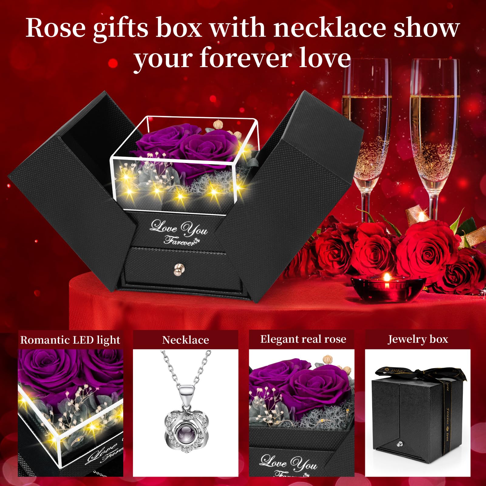 Lebana Preserved Red Real Rose with Heart I Love You Necklace -Mothers Day Gifts for Mom Her Wife Girlfriend Grandma on Valentines Mothers Day Christmas Birthday Anniversary Romantic-Red