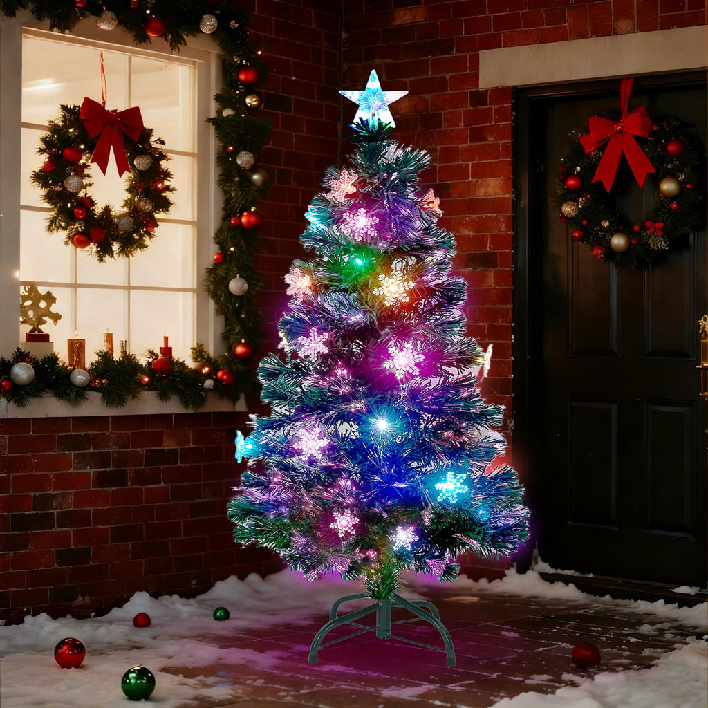 Prsildan 4 FT Artificial Christmas Tree, Pre-Lit Optical Fiber Xmas Trees with Multicolor LED Lights, Snowflakes & Top Star, Lighted Christmas Tree Holiday Home Decor