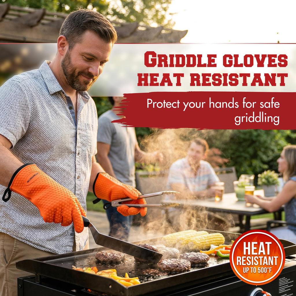 KITCHEN PERFECTION Silicone Oven & Griddle Gloves -Extreme Heat Resistant BBQ & Grilling Gloves -Handle Hot Food Right on Your Griddle |Waterproof Oven Mitts Grill Gloves |Superior Set+3 Bonuses