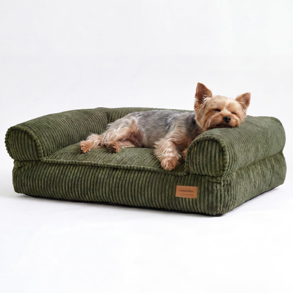 FUKUMARU Dog Couch Bed, Corduroy Cozy Cat Bed for Indoor Cats with Washable Cover, 28in Waterproof Orthopedic Dog Beds Sofa for Small Dogs and Large Cats, Cute Warm Cotton Pet Sofa, Green