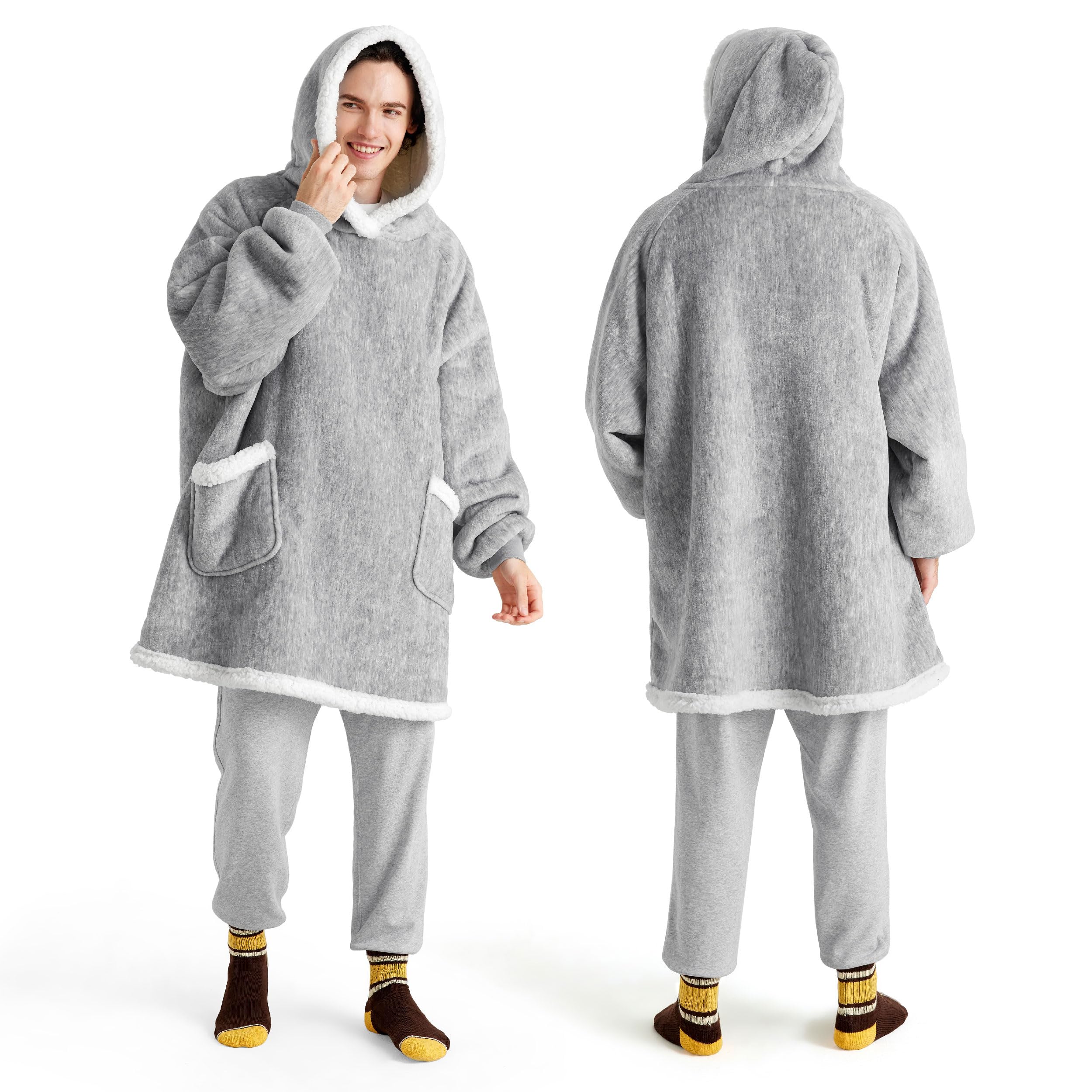 Bedsure Blanket Hoodie, Wearable Blanket Hoodie as Gifts for Mom, Birthday Gifts for Women Kids Teens Mother's Day Sherpa Sweatshirt, Grey, Standard