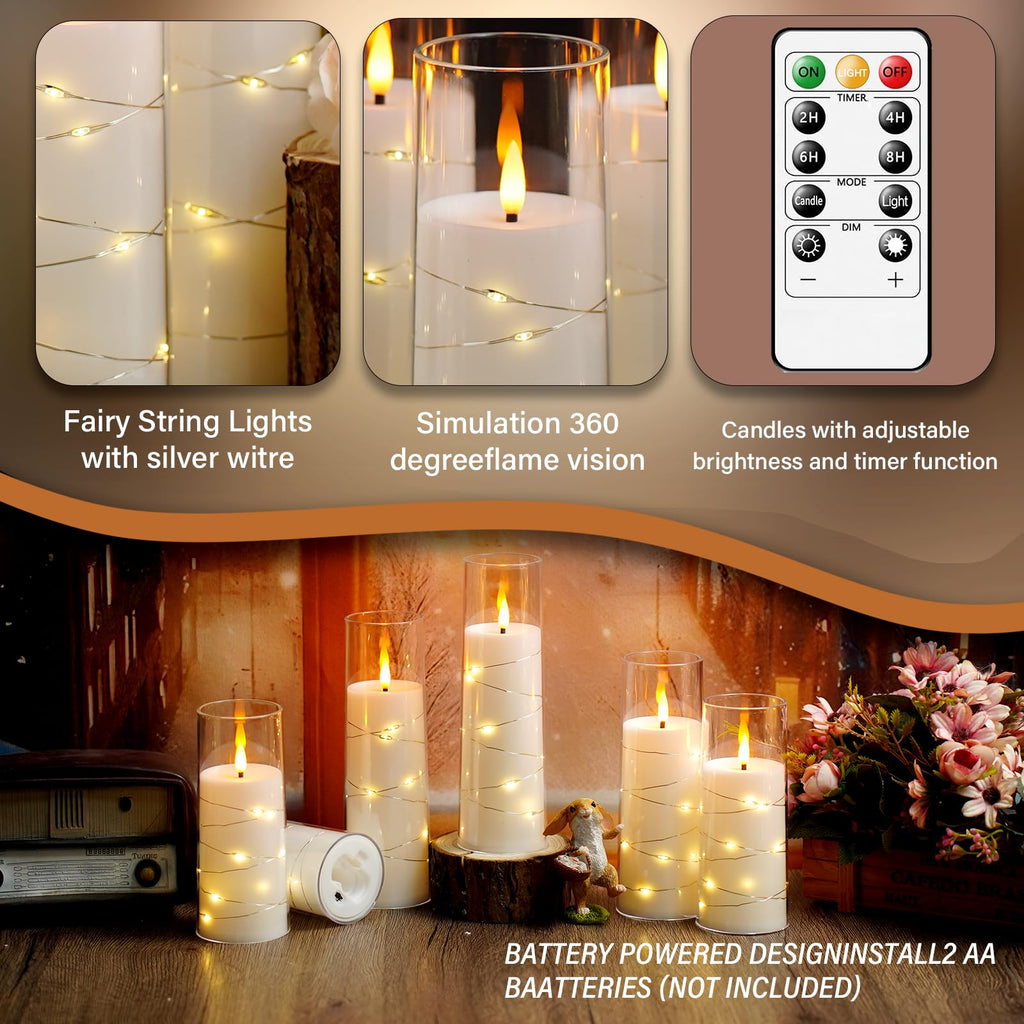 kakoya Flameless LED Candles with Timer 5 Pc Flickering Flameless Candles for Romantic Ambiance and Home Decoration Stable Acrylic Shell,with Embedded Star String，Battery Operated Candles（Red）