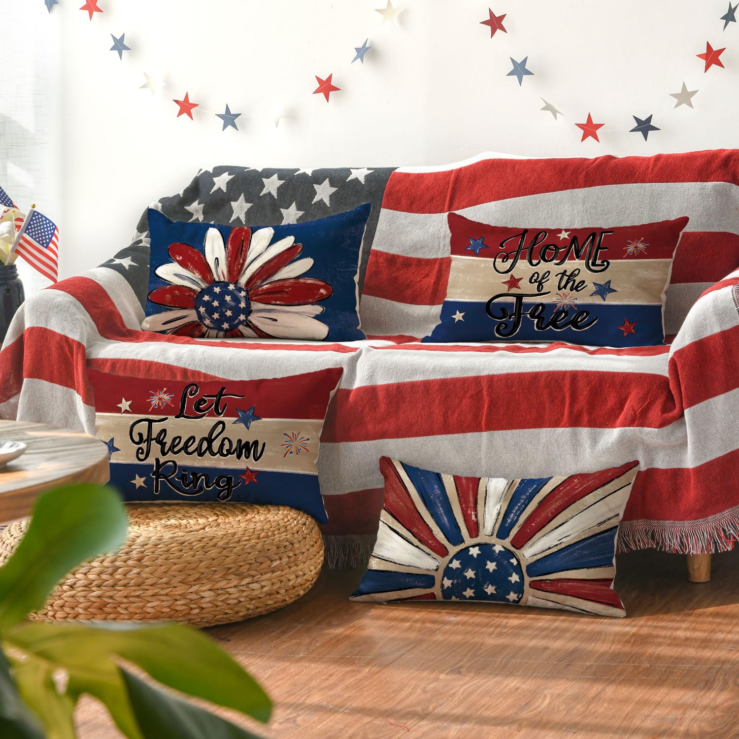 AVOIN colorlife Let Freedom Ring Stars Fireworks Flower Red Throw Pillow Covers, 12 x 20 Inch 4th of July Patriotic Independence Memorial Day USA Flag Cushion Case for Sofa Couch Set of 4