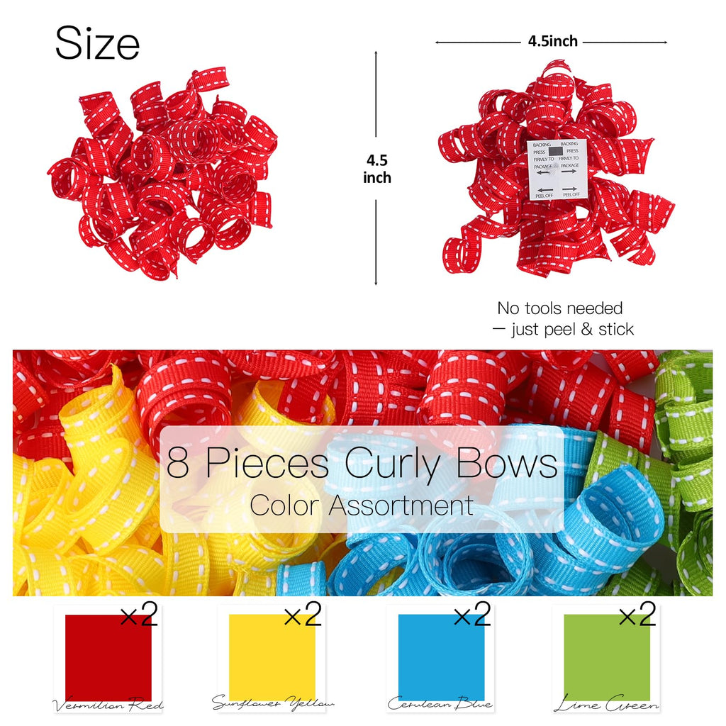 LaRibbon Rainbow Bows - Curly Ribbon Gift Bows, Self Adhesive for Birthday Party, Holiday Party Favors, Gift Wrapping - 6 Counts