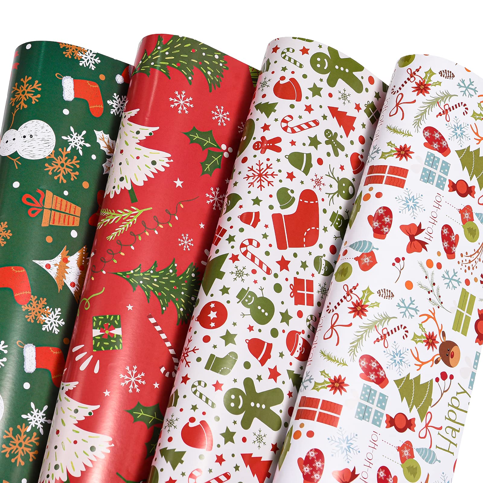 Christmas Wrapping Paper Folded for Kids Boys Girls Man Women Gift's. Papercraft Snowmen, Candy Canes, Tree, Socks, Snowflakes, Happy New Year Bulk of 12 Sheets 20"x 29" Folded