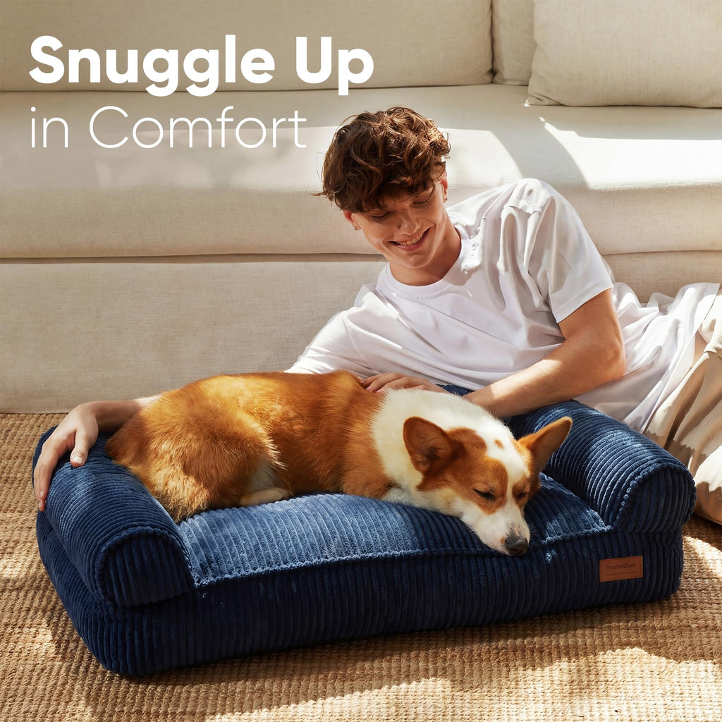FUKUMARU Dog Couch Bed, Corduroy Cozy Cat Bed for Indoor Cats with Washable Cover, 28in Waterproof Orthopedic Dog Beds Sofa for Small Dogs and Large Cats, Cute Warm Cotton Pet Sofa, Green