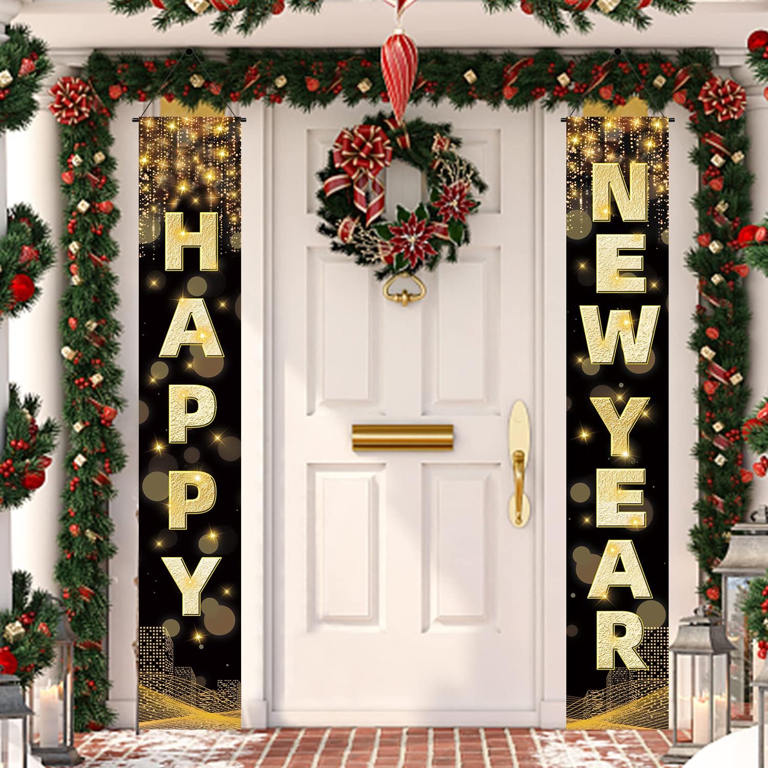 Labeol Happy New Year Banner, 72 x 12 Inch Large Front Door Porch Sign Hanging Banner Decorations New Years Eve Party Supplies 2025, Happy 2025 Decorations for Outdoor Indoor Home Wall
