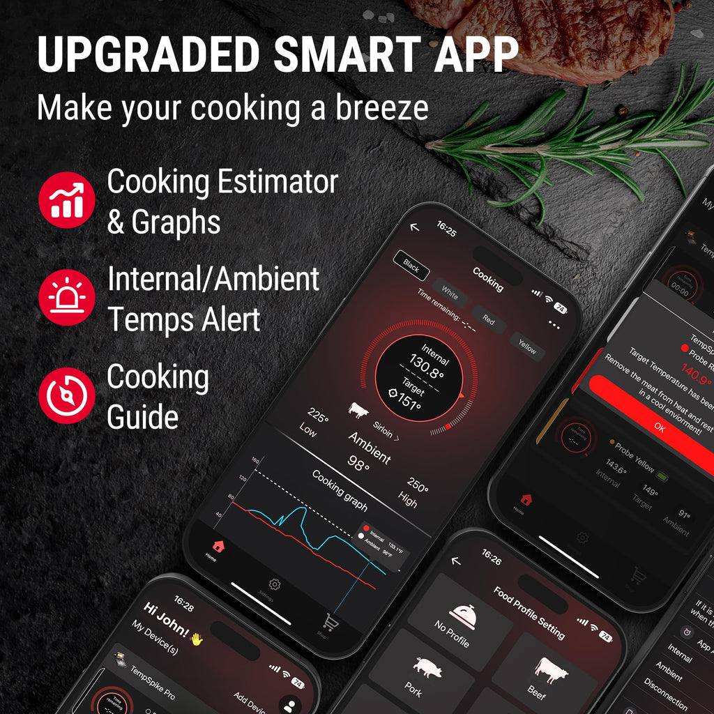 ThermoPro TempSpike 500 ft Wireless Meat Thermometer Digital, Bluetooth Meat Thermometer Wrieless for Beef Lamb Chicken Turkey, Smoker Acccessories for Rotisserie Sous Vide BBQ Oven Air Fryer