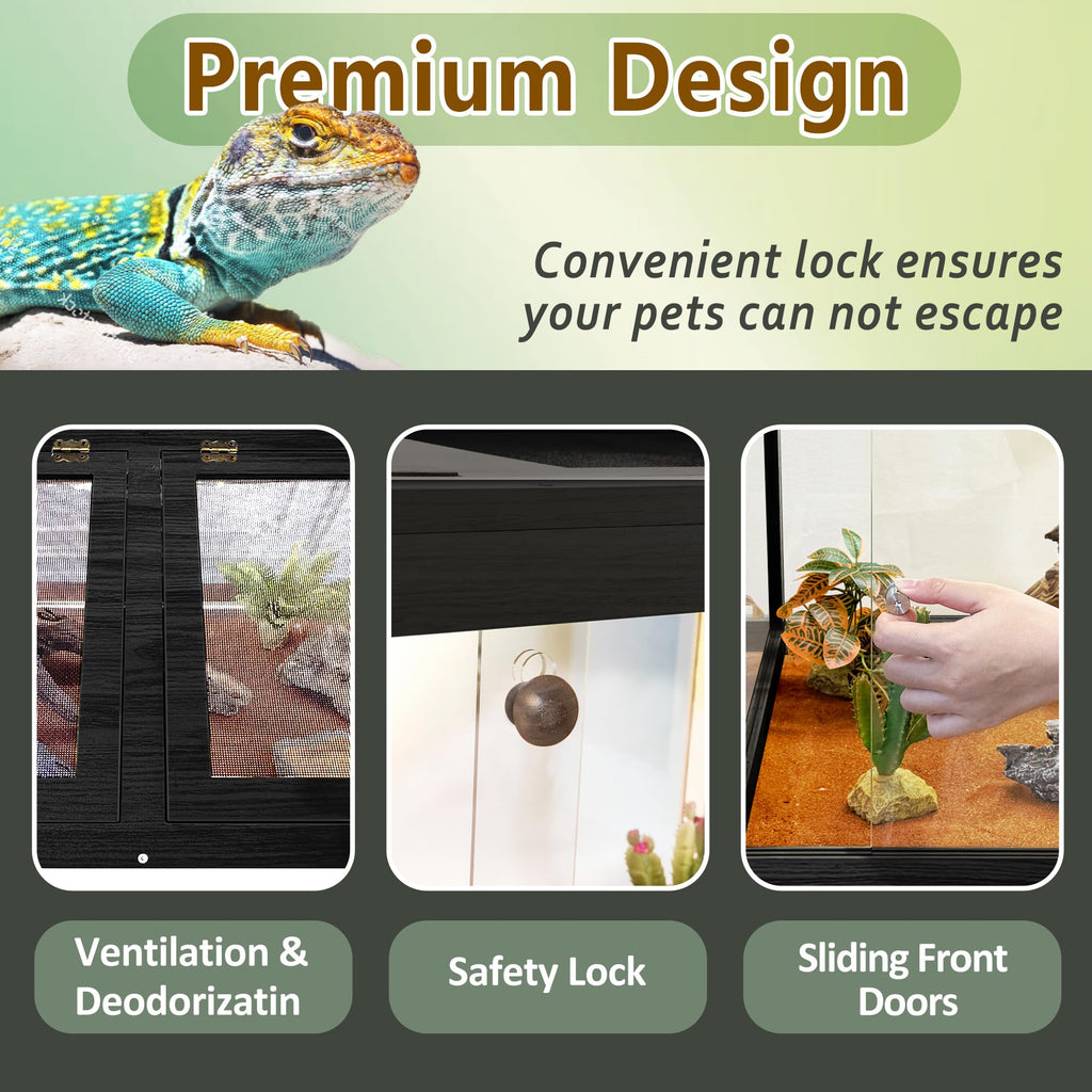 PROLEE Reptile Enclosure with Leg, 35 Gallons Bearded Dragon Tank, Tempered Glass Lizard Tank with Metal Mesh Tops and Lockable Door, Spacious Reptile Habitat for Snake,Lizard (Oak)