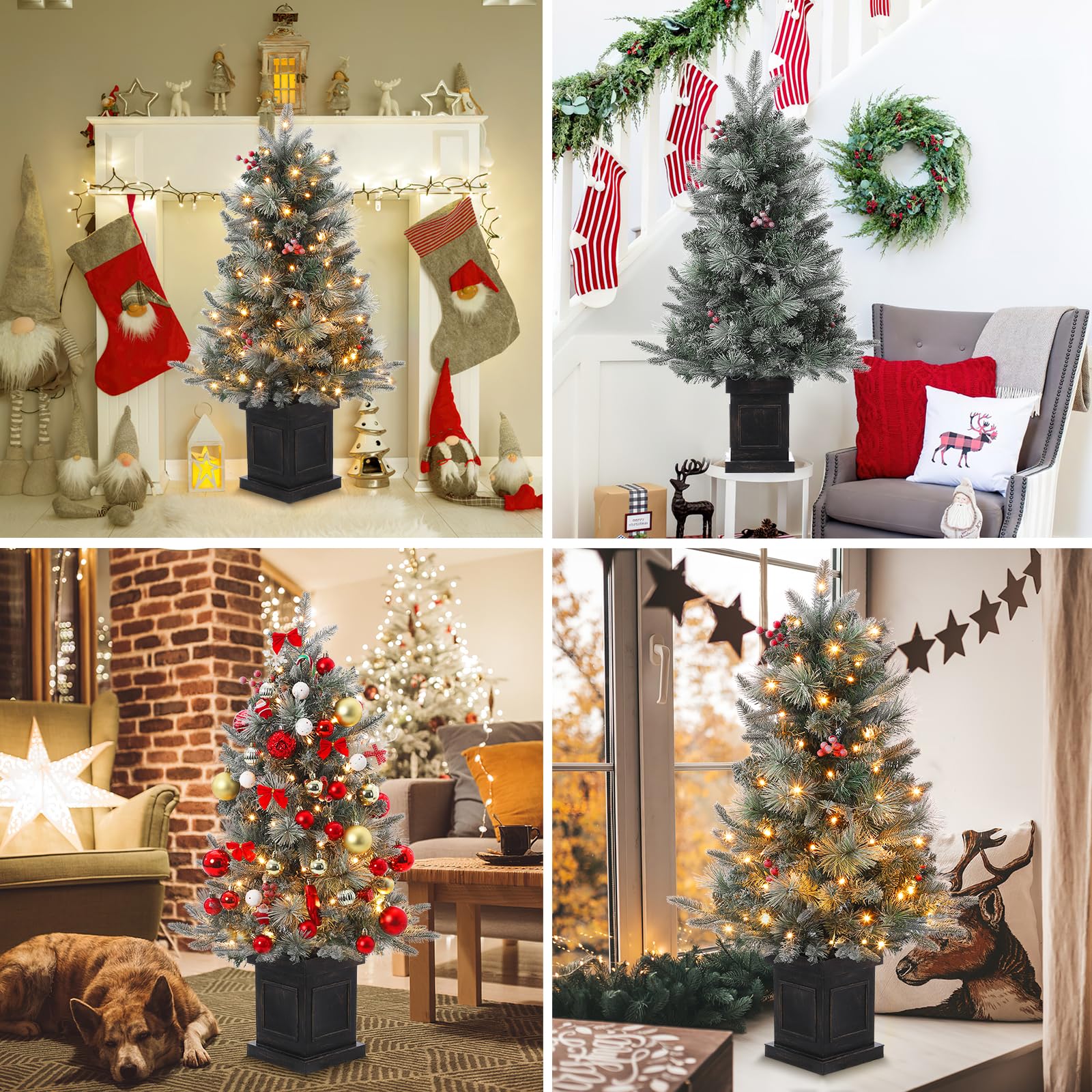 3FT Prelit Premium Snow Flocked Artificial Christmas Tree with Warm White LED, Mini Prelit Xmas Pine Tree for Christmas Decoration,Yard,Home,Office,Outdoor,Indoor,8 Mode Snowflake White Base- 1PC