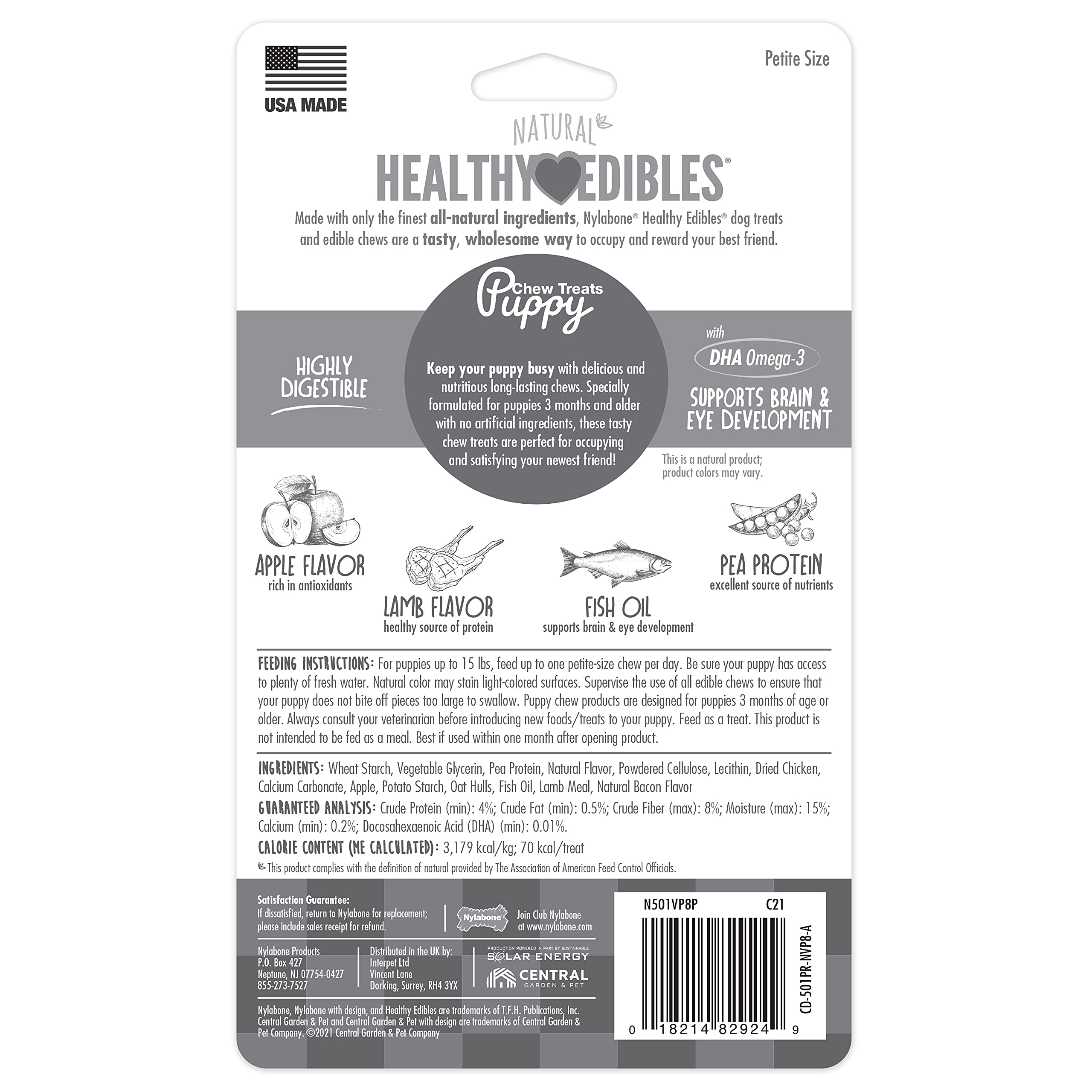 Nylabone Healthy Edibles Natural Puppy Chews Long Lasting Treats for Puppies, Roast Beef/Apple/Bacon Dog Treats, X-Small/Petite (3 Count)