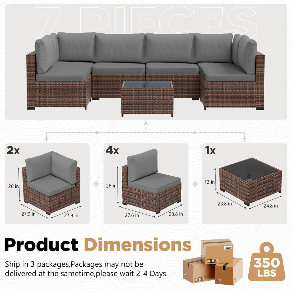 LHBcraft 7 Piece Patio Outdoor Furniture Set, Outdoor Sectional, All-Weather Manual Weaving PE Rattan Wicker Patio Sectional Sofa, Rattan Outside Furniture with Black Cushion and Glass Coffee Table