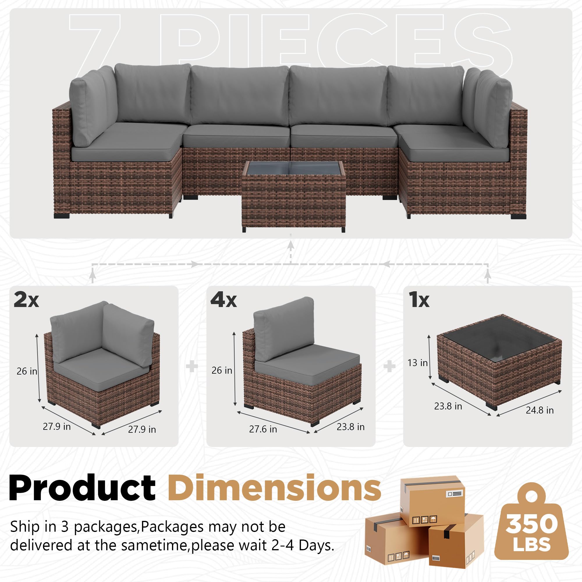 LHBcraft 7 Piece Patio Outdoor Furniture Set, Outdoor Sectional, All-Weather Manual Weaving PE Rattan Wicker Patio Sectional Sofa, Rattan Outside Furniture with Black Cushion and Glass Coffee Table