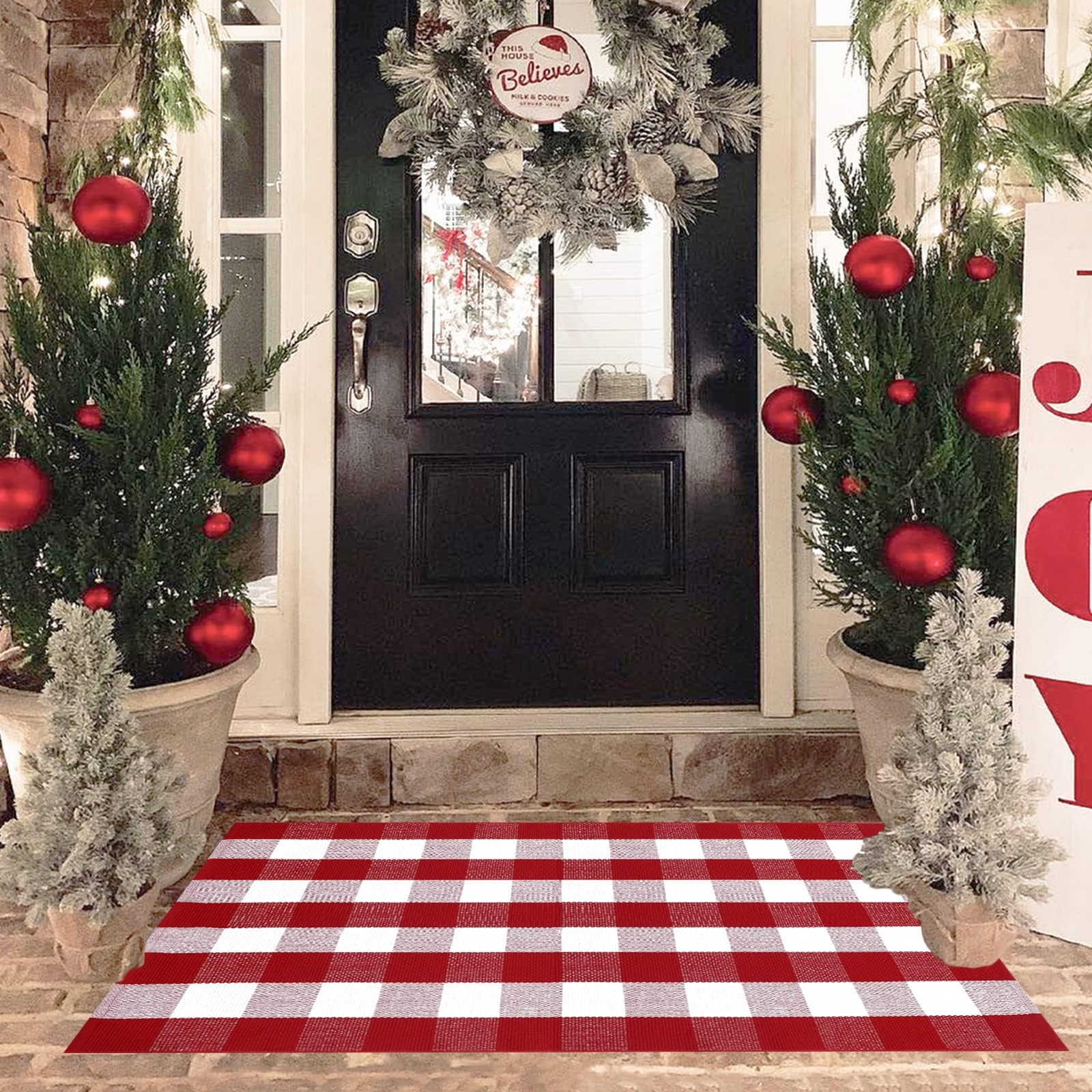 Orange and Black Plaid Rug, 28'' x 43'' Fall Outdoor Front Door Decor Mat, Cotton Washable Hand-Woven Rug for Layered Doormat, Autumn Halloween Thanksgiving Carpet for Porch, Entryway