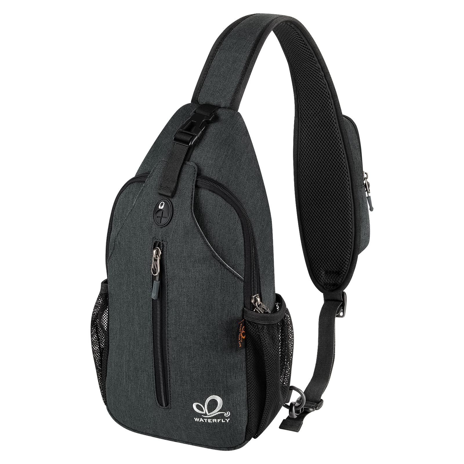 WATERFLY Crossbody Sling Backpack Sling Bag Travel Hiking Chest Bag Daypack (Black)