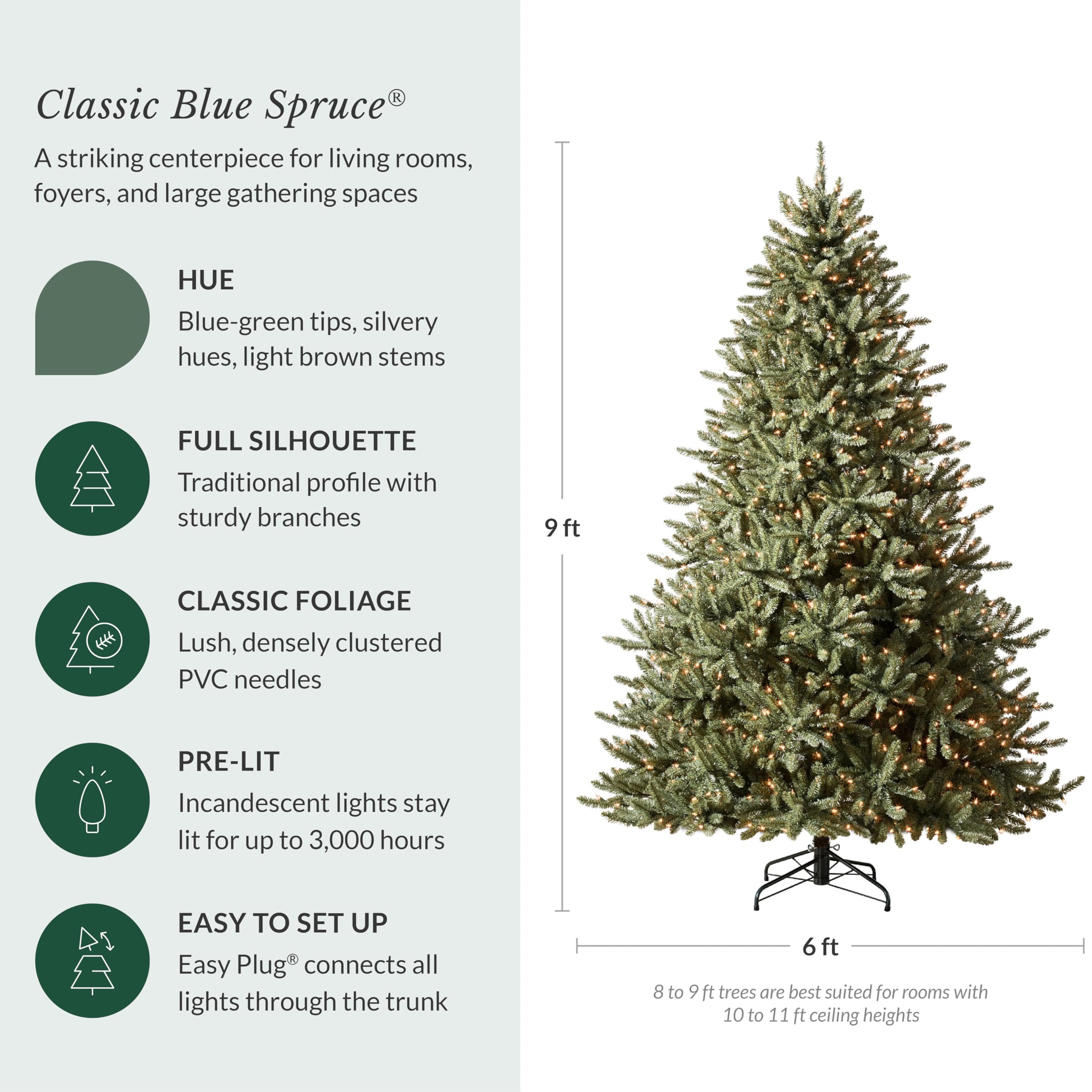 Balsam Hill 7.5ft Pre-Lit Classic Blue Spruce - Artificial Christmas Tree with 2,960+ Tips, 1,000 Clear LED Lights, Easy Plug Technology & Premium Stand for Indoor Holiday Decorating
