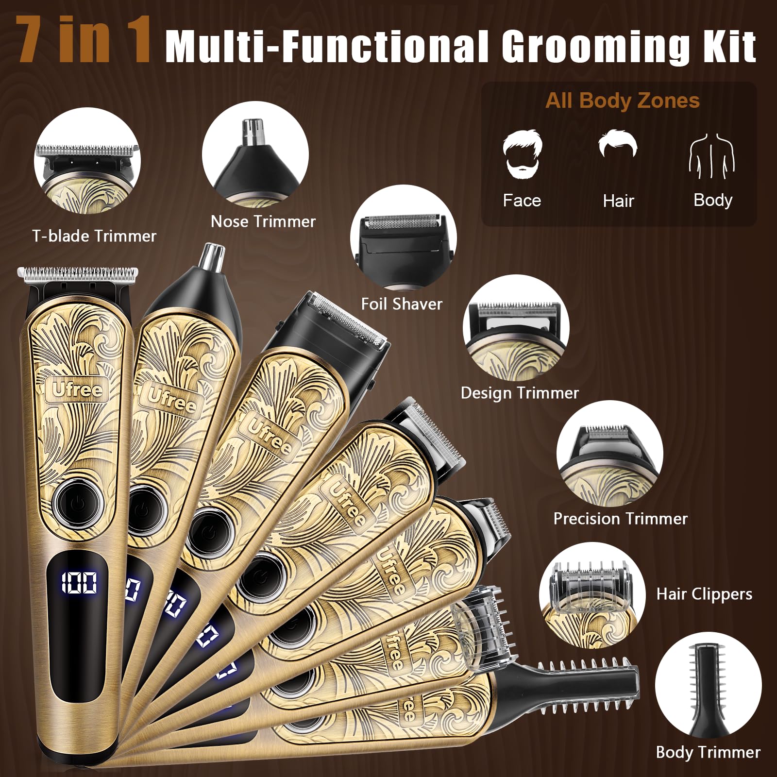Ufree Beard Trimmer for Men, Waterproof Electric Razor for Nose, Body, Face & Mustache, Cordless Hair Clippers Shavers Grooming Kit, Gifts for Men Husband Father