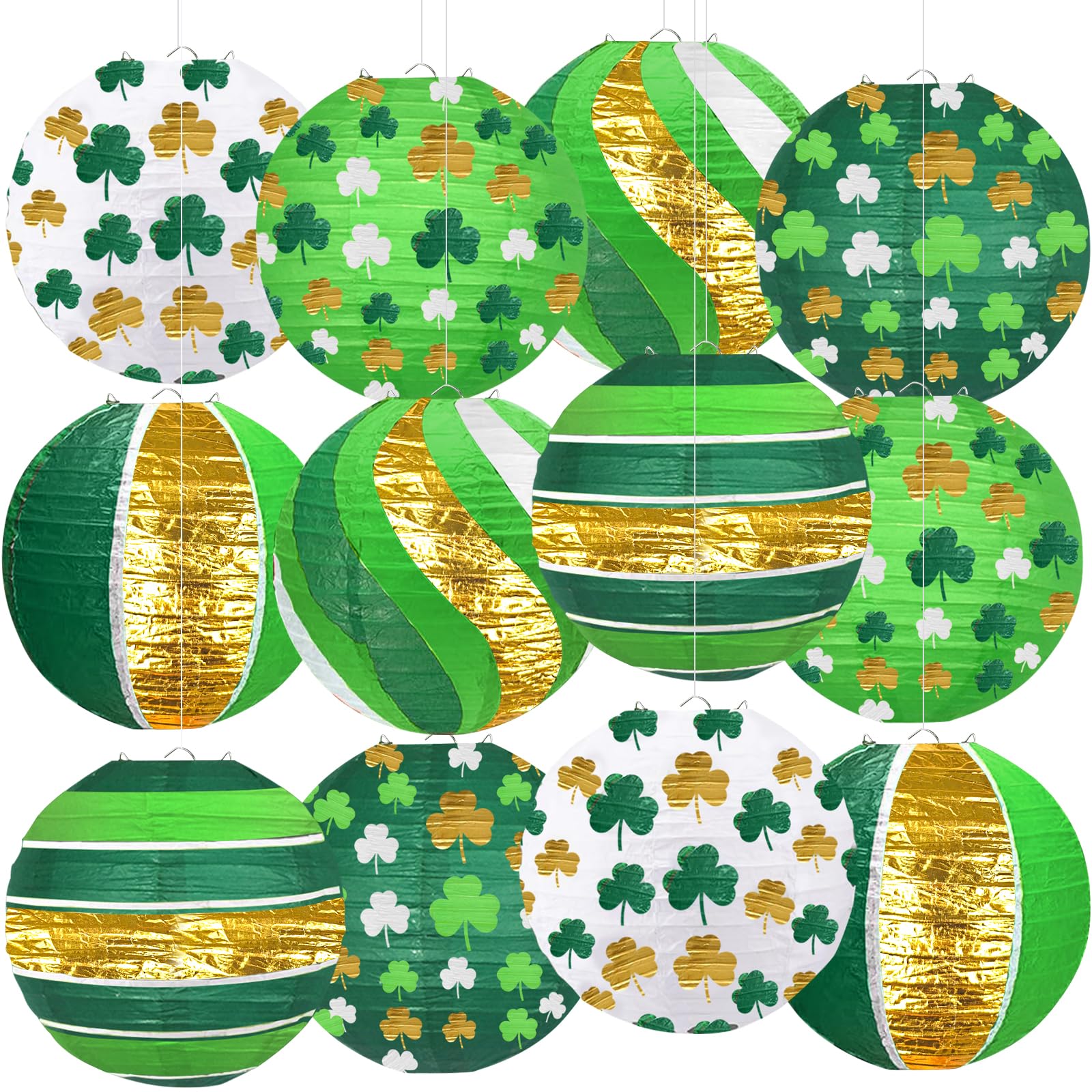 12 PCS Lucky Green Paper Lanterns, 8" Hanging Clover Decorations for Garden Party, Casino Night, The Lucky One Baby Shower, Irish Wedding & Spring Events, St. Patrick's Day
