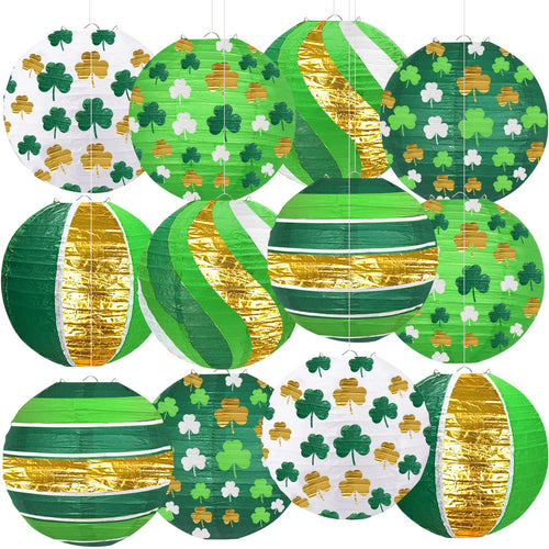 12 PCS Lucky Green Paper Lanterns, 8" Hanging Clover Decorations for Garden Party, Casino Night, The Lucky One Baby Shower, Irish Wedding & Spring Events, St. Patrick's Day
