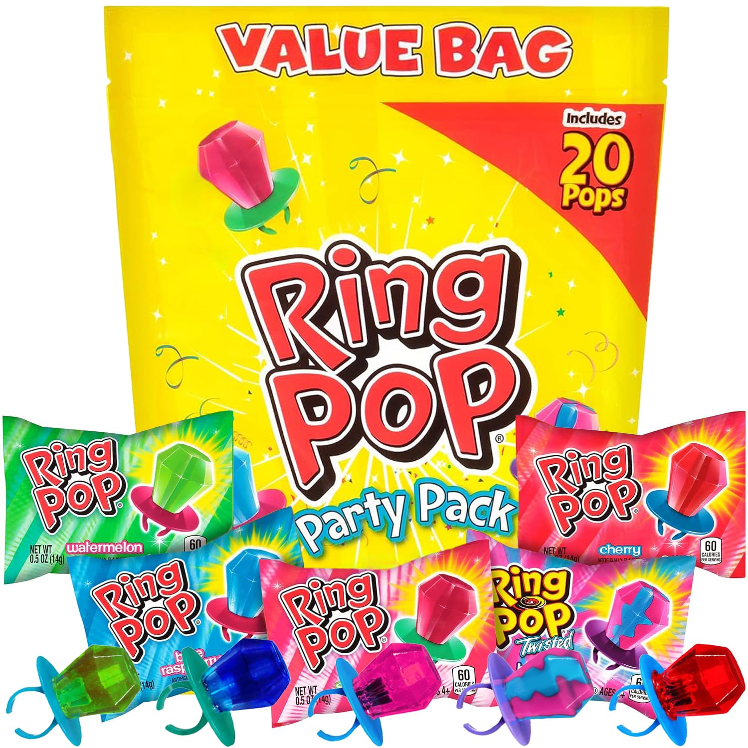 Ring Pop Lollipops - Bulk Candy Individually Wrapped Suckers Variety Party Pack- 50 Count w/Assorted Flavors - Hard Candy for Party Favors, Kids & Goodie Bags, 25 Ounce