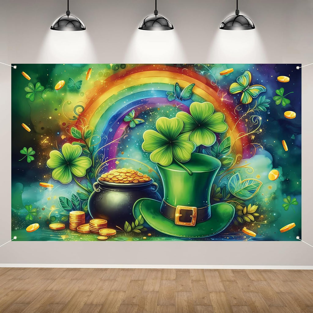 Happy St Patricks Day Photo Backdrop Rainbow Gold Coins Green Shamrock Lucky Clover Banner St. Patrick's Day Party Decorations and Supplies for Home-71×43''