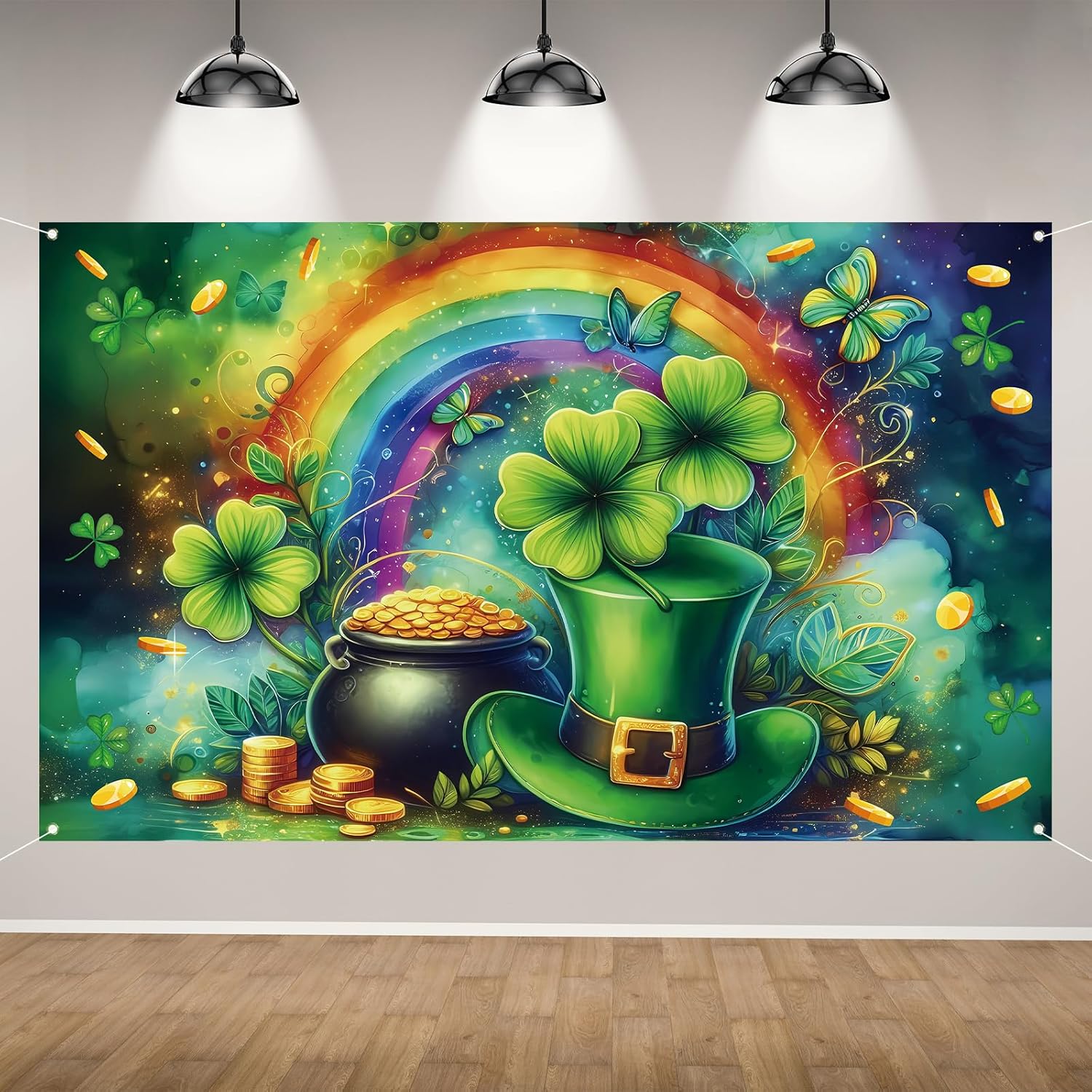 Happy St Patricks Day Photo Backdrop Rainbow Gold Coins Green Shamrock Lucky Clover Banner St. Patrick's Day Party Decorations and Supplies for Home-71×43''
