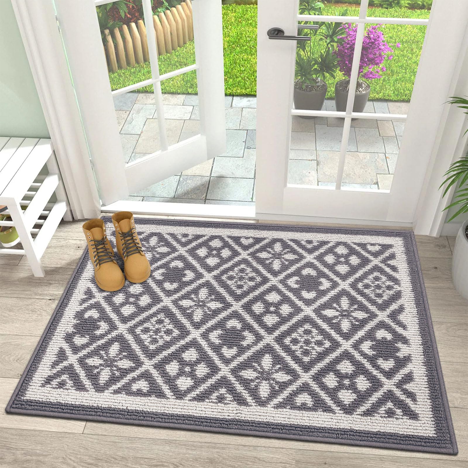 Ileading Christmas Entrance Door Mat, Absorbent Dog Mats for Muddy Paws, Low-Profile Small Red Xmas Decor Kitchen Runner Rug with Non-Slip Backing, Machine Washable Entryway Welcome Mat(Red 24"X36")