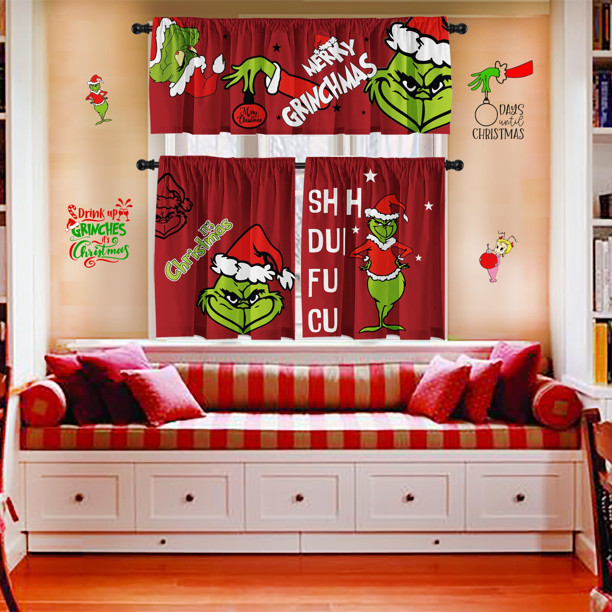 Christmas Kitchen Curtain Valances Winter Holiday Festive Small Window Decoration, Red and Green Farmhouse Xmas Design, 52x18inchx1, 26x36inchx2, 3 Panel, Rod Pocket