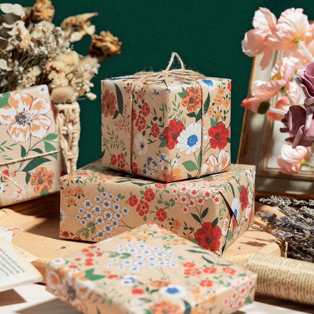 WRAPAHOLIC Kraft Floral Wrapping Paper Roll - Mini Roll - 17 Inch x 9.8 Feet - Spring Summer Garden Flower Design Perfect for Wedding, Bridal Shower, Birthday