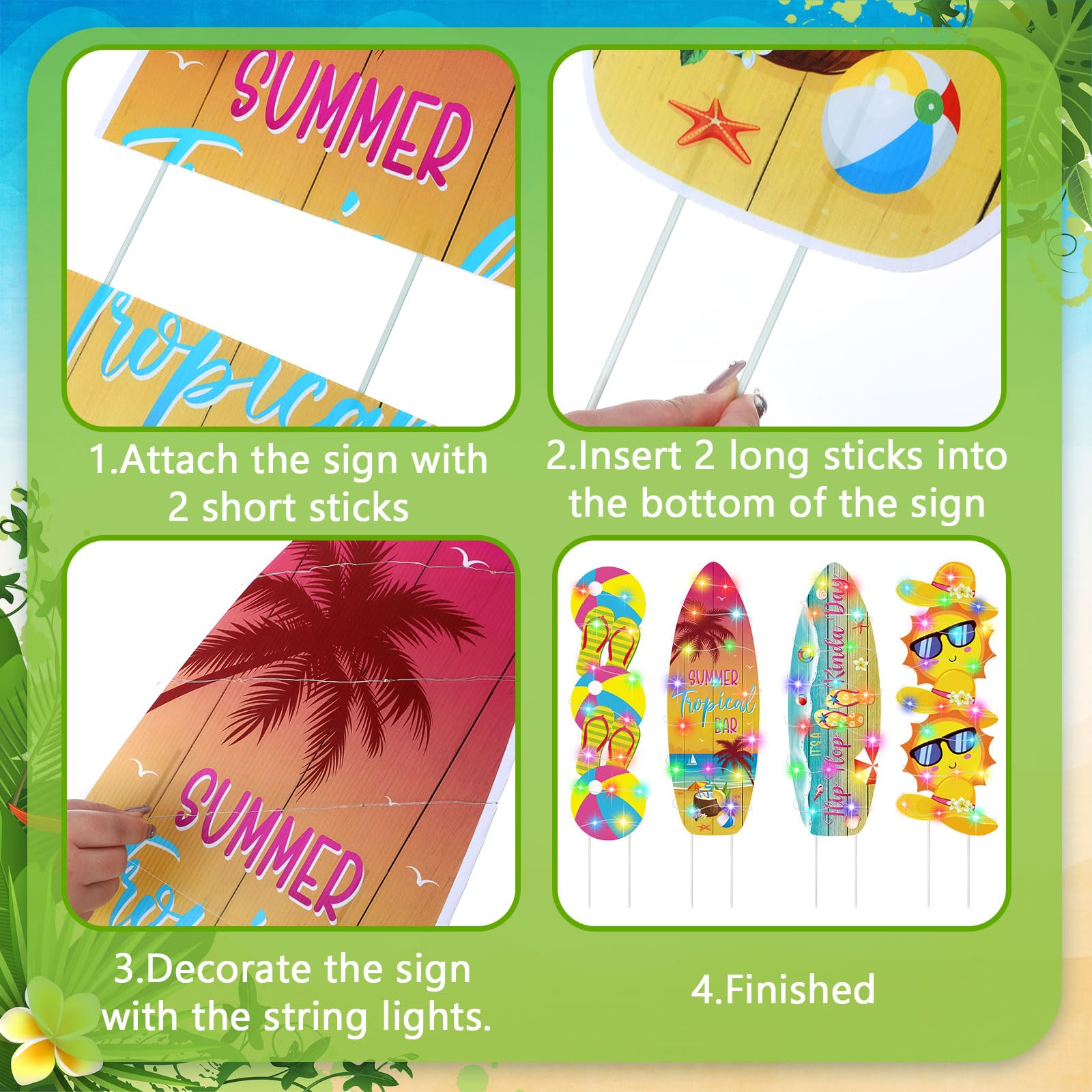 Bencailor 4 Pcs Summer Outdoor Yard Decoration Summer Beach Pool Yard Signs with Stakes LED Hawaiian Themed Party Supplies Beach Ball Surfboard Slipper Decor for Outdoor Lawn Garden Patio