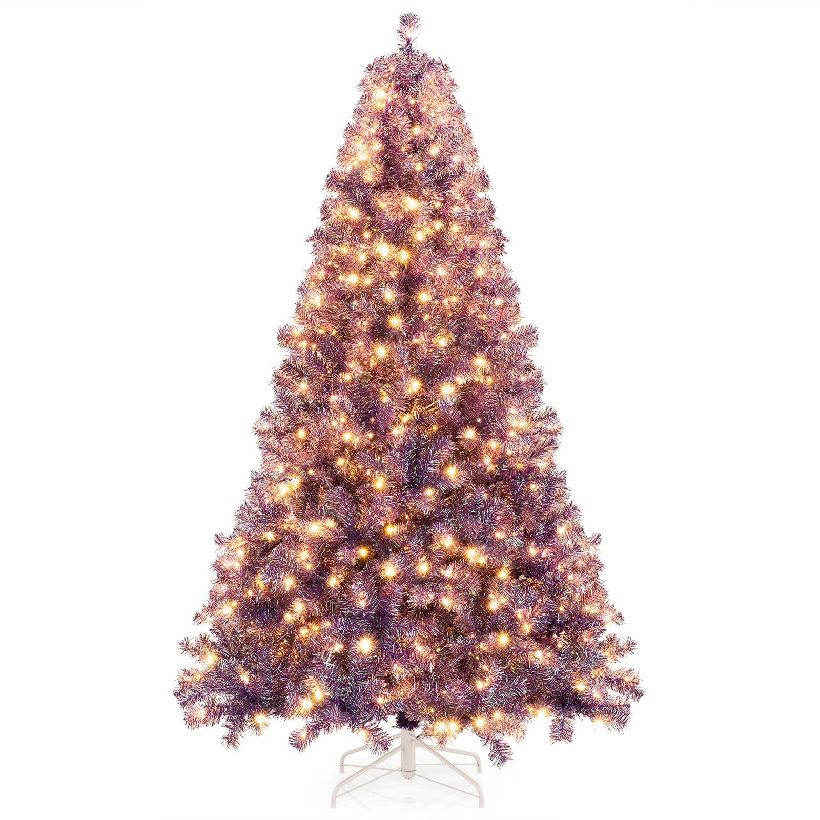 Goplus 7FT Pre-Lit Artificial Christmas Tree Auto-Spread/Close up Branches 11 Flash Modes with Multicolored 400 LED Lights & Metal Stand