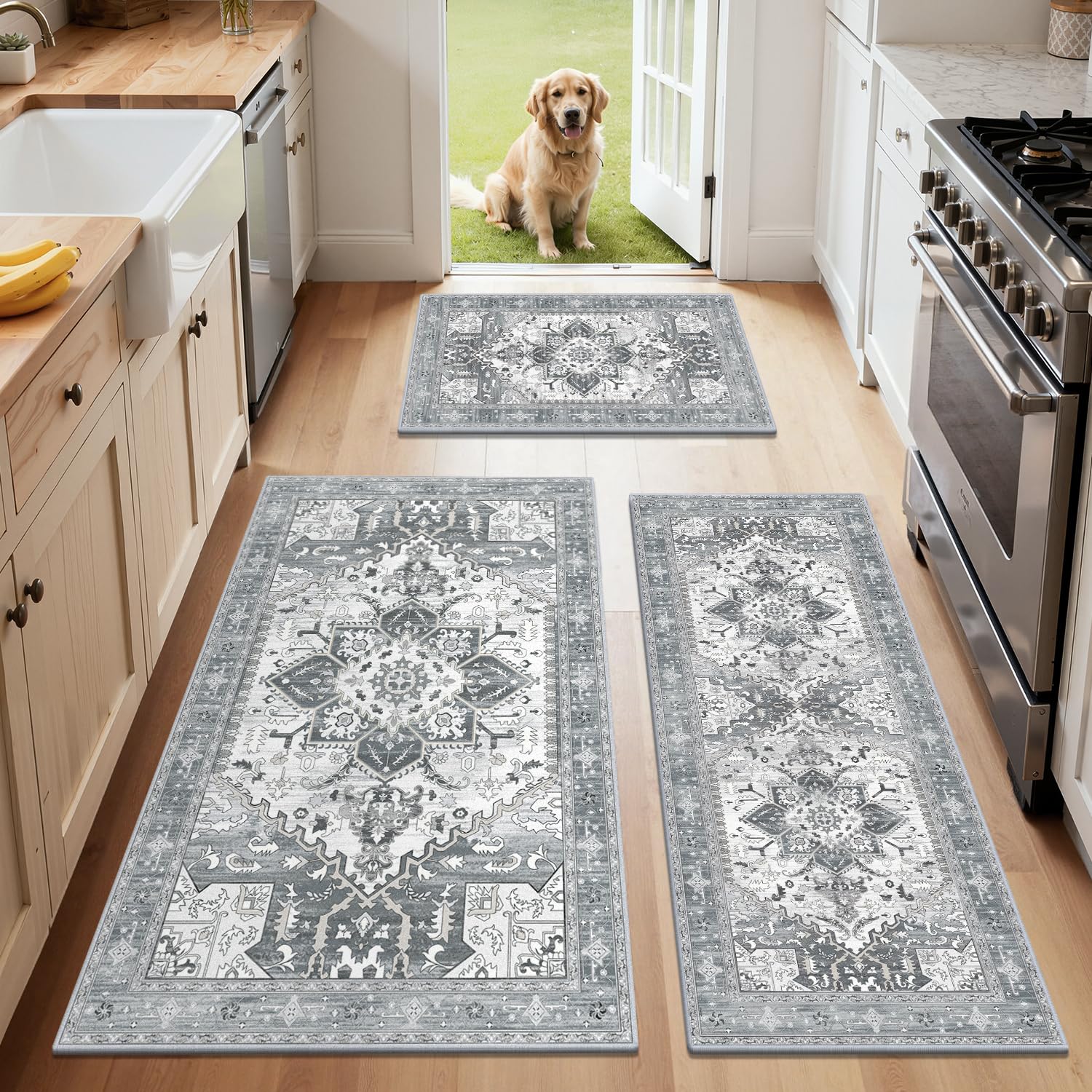 Yamaziot Christmas Kitchen Rugs Sets of 3, Non Slip Kitchen Mats for Floor with Rubber Backing, Holiday Christmas Snowflake Runner Rug Decor Home Decorations for Kitchen, Laundry Room, Hallway